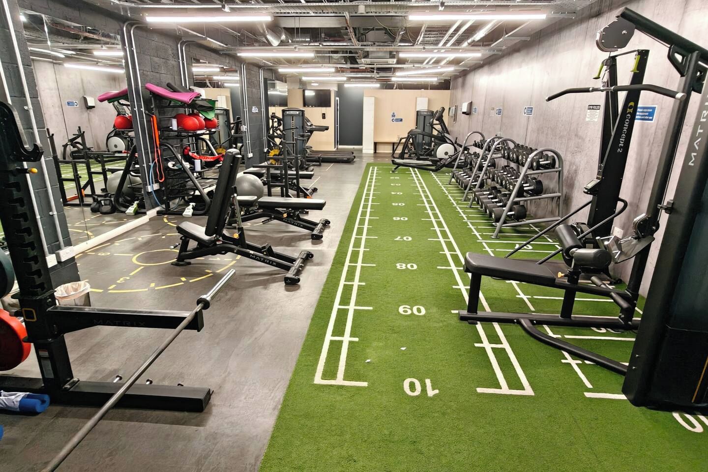 A gym with various exercise equipment, green turf flooring, and weightlifting stations.