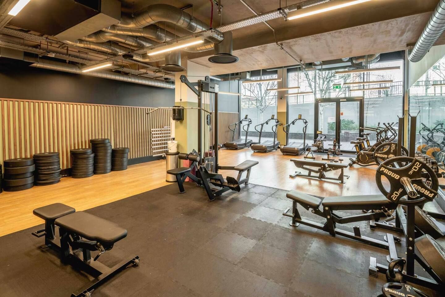 Une salle de sport équipée de divers appareils d’exercice, avec un mur en bois et de grandes fenêtres.