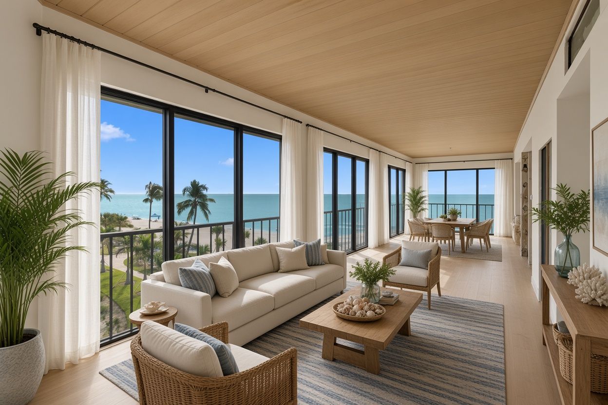 A spacious living area with a large sofa, a coffee table, and a dining table. There are potted plants and a view of the ocean through large windows.