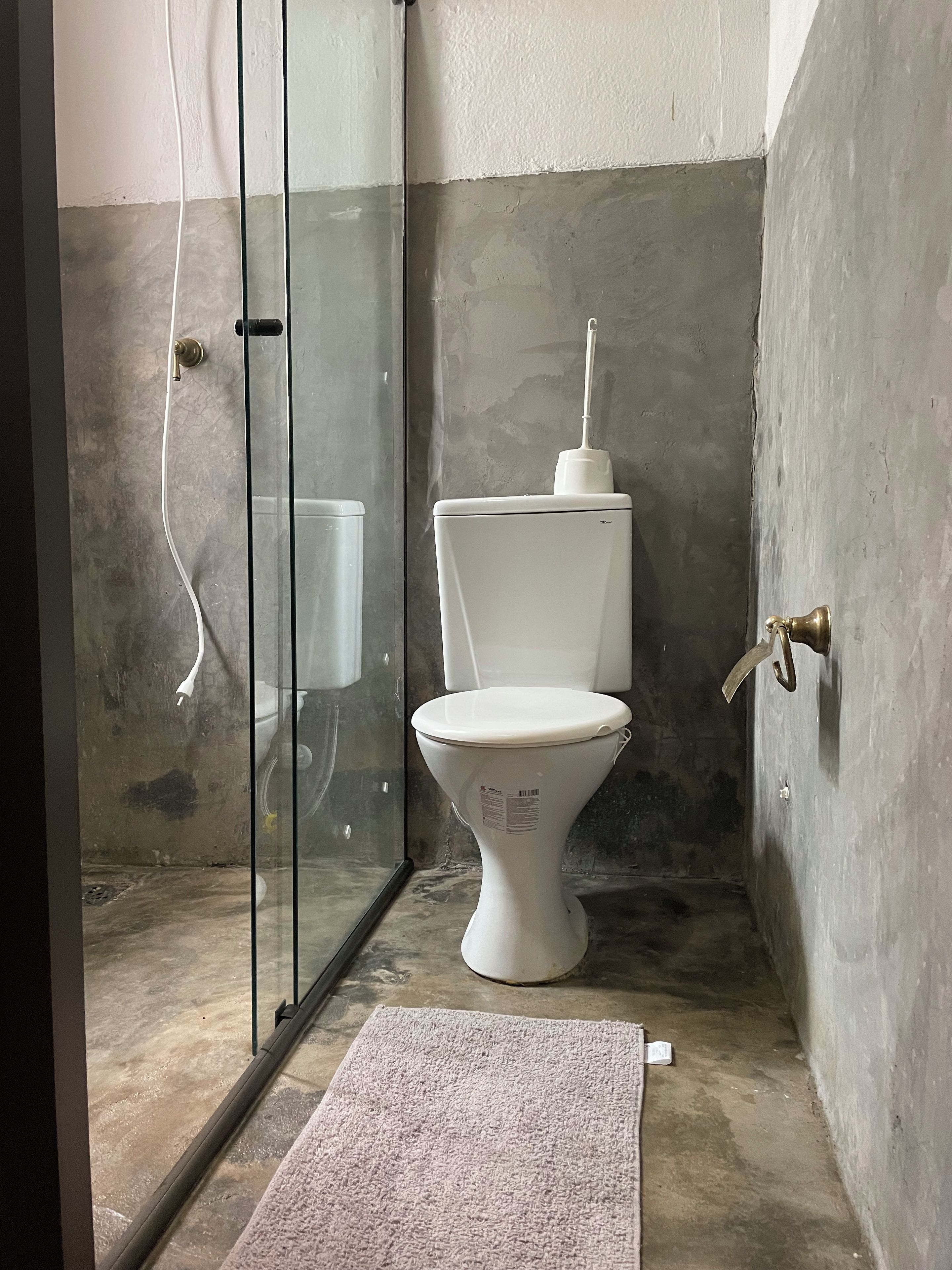 Uma casa de banho com sanita, cabine de chuveiro em vidro e um tapete pequeno no chão.