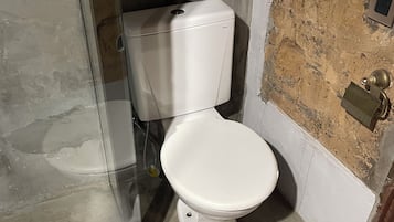 A bathroom with a white toilet, a glass shower enclosure, and a patterned floor.