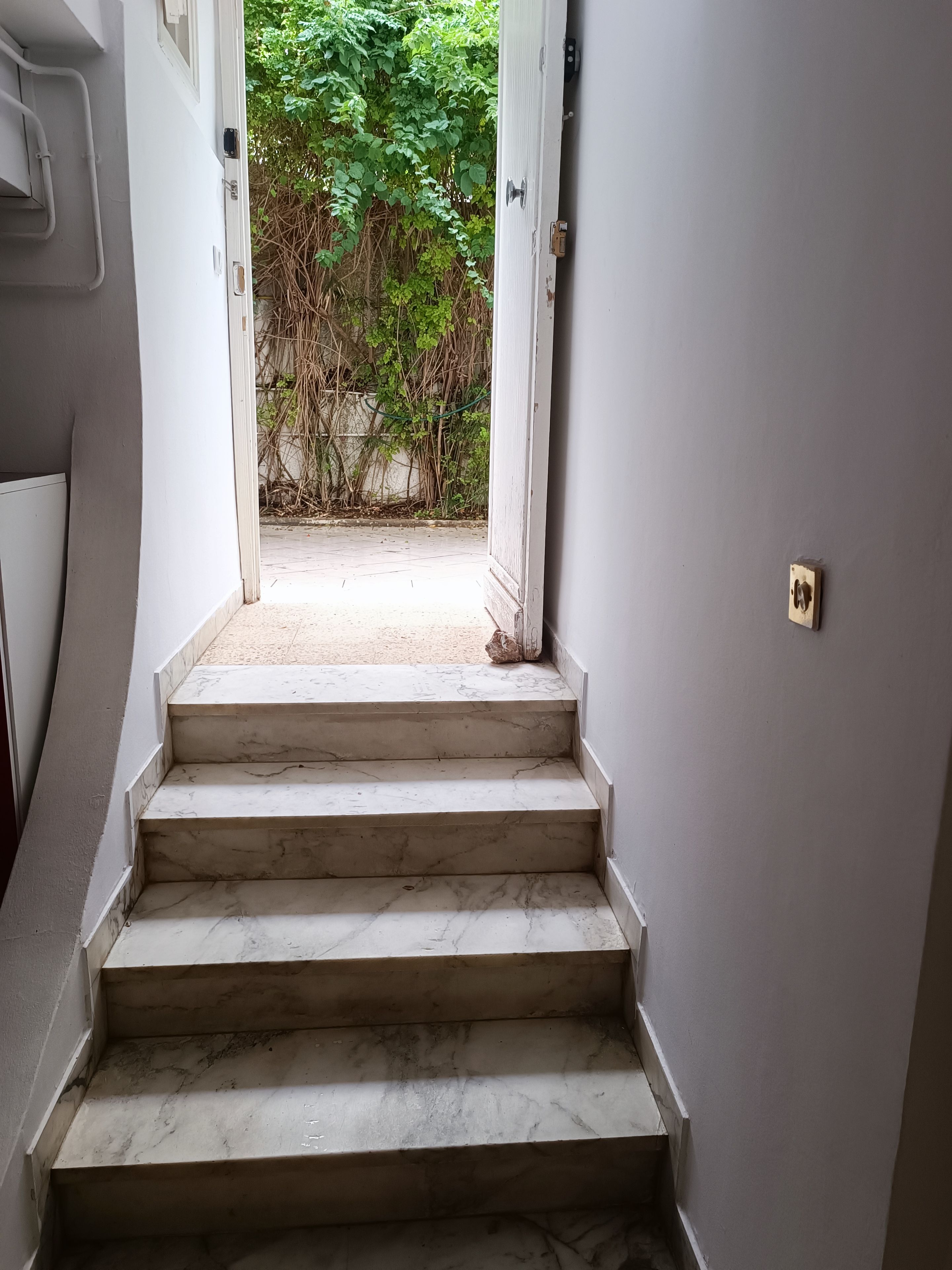 A set of marble stairs leading to an outdoor area with greenery.