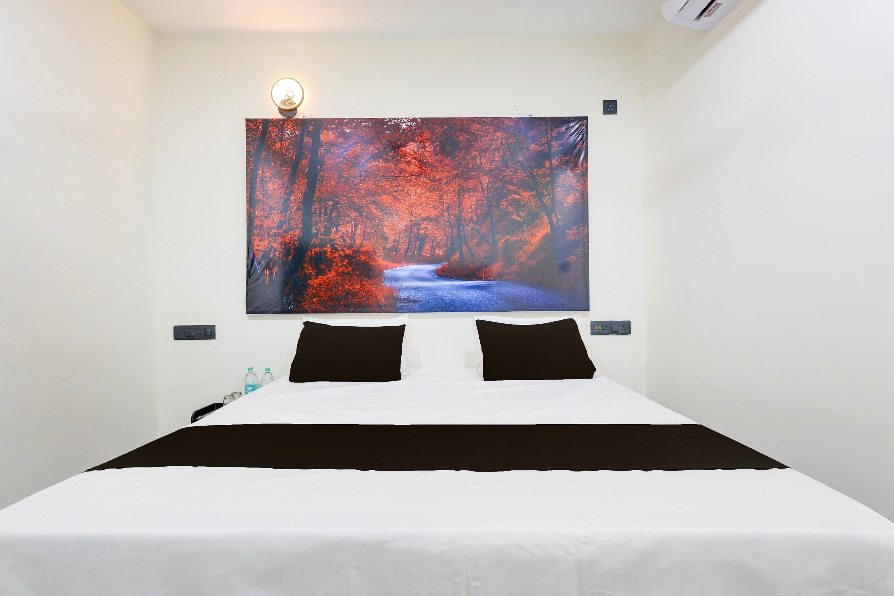 Habitación de hotel con una cama grande, dos almohadas negras, una mesita de noche con una lámpara y un cuadro colgado en la pared con un paisaje de bosque.