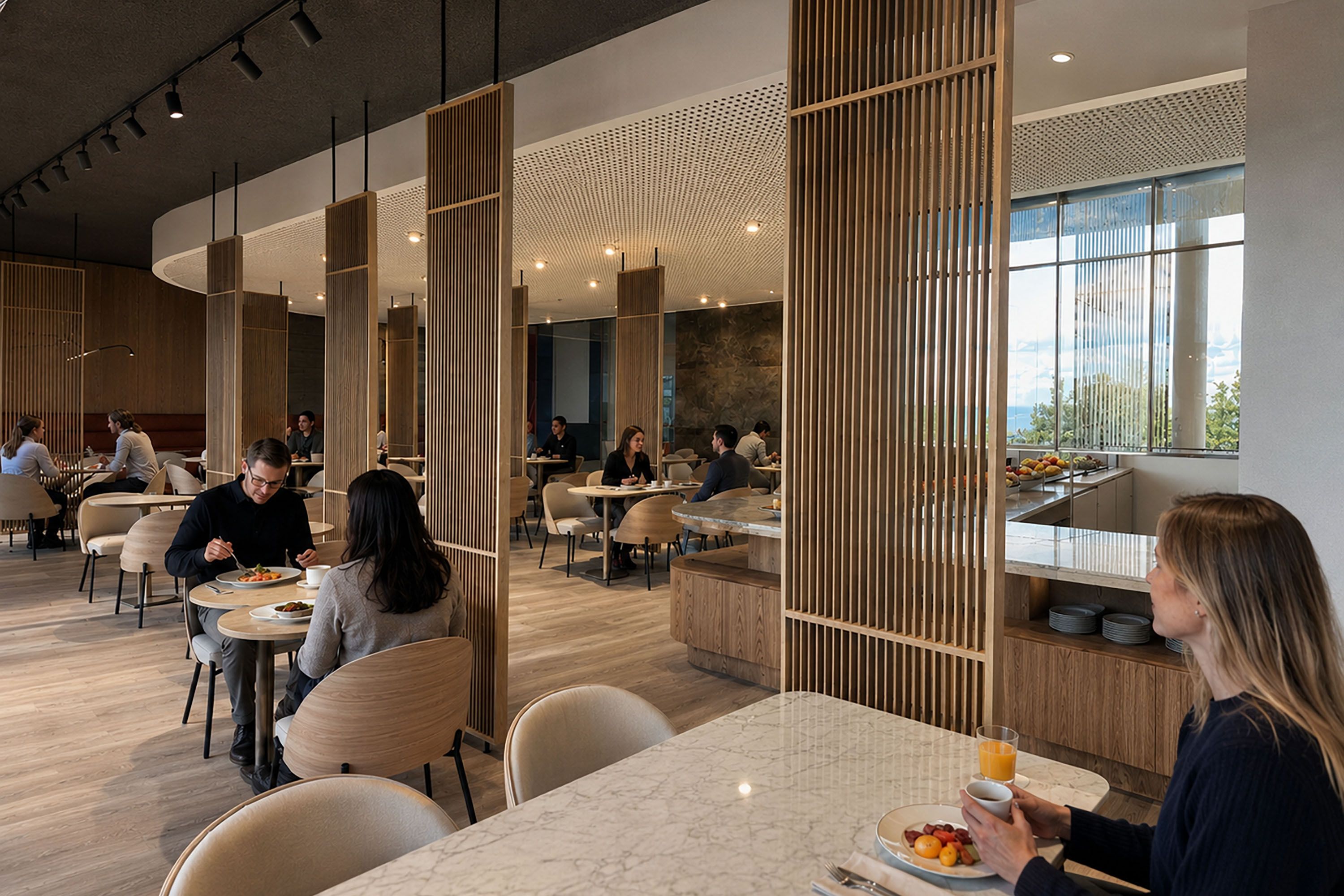 A modern dining area with wooden partitions, marble tables, and a view of the outdoors.