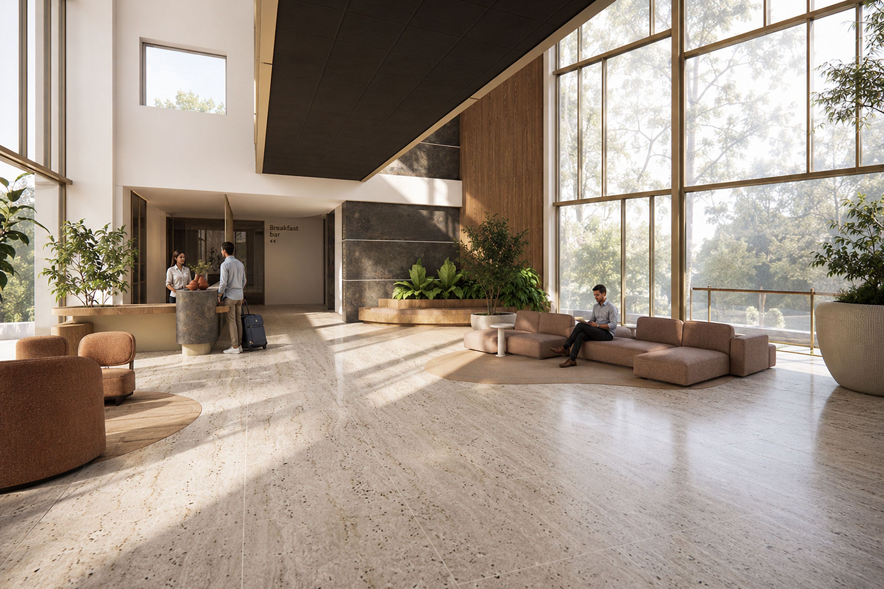 A spacious lobby with a high ceiling, large windows, and a modern interior design.