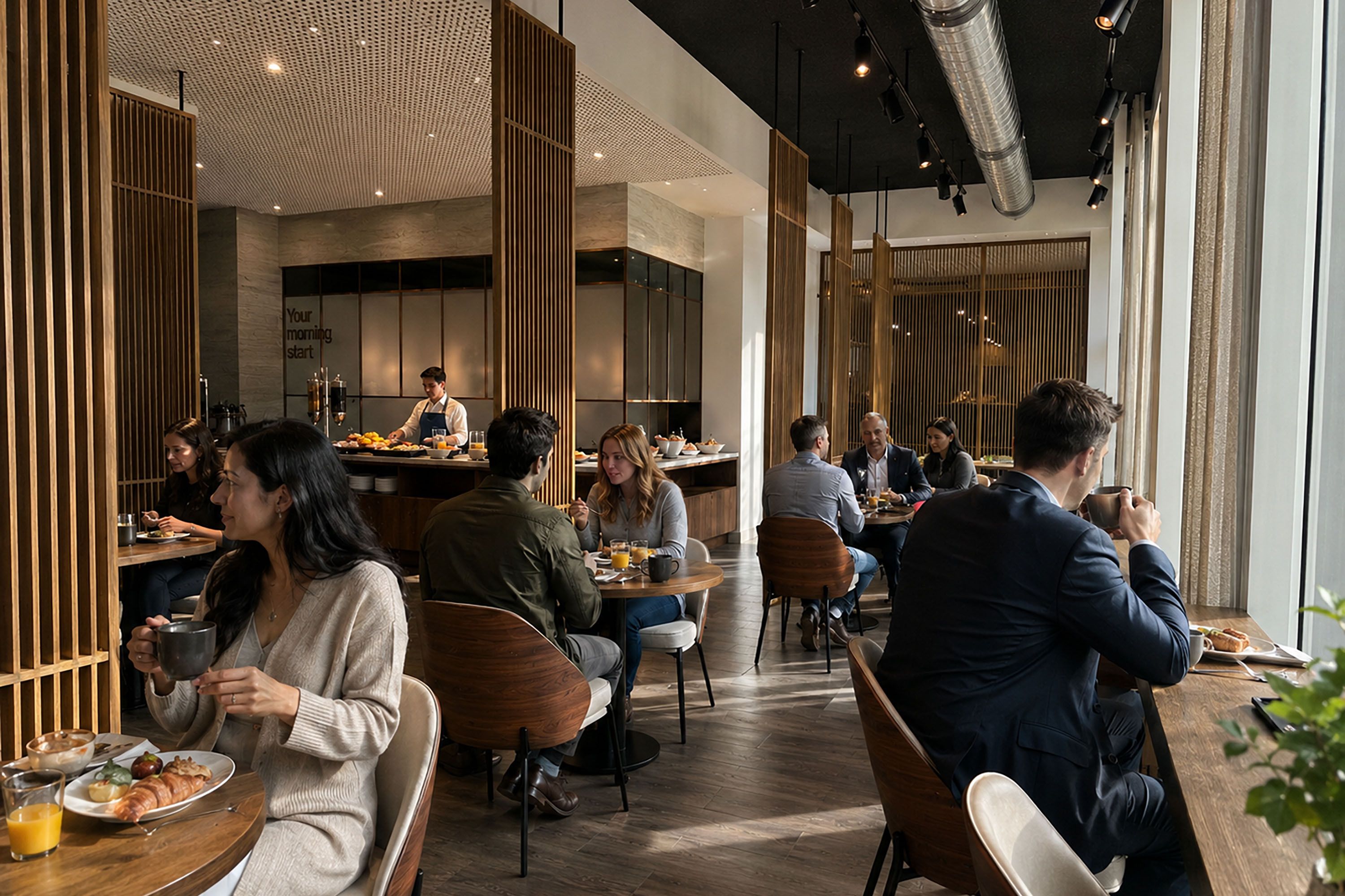 A modern dining area with wooden partitions and a high ceiling.