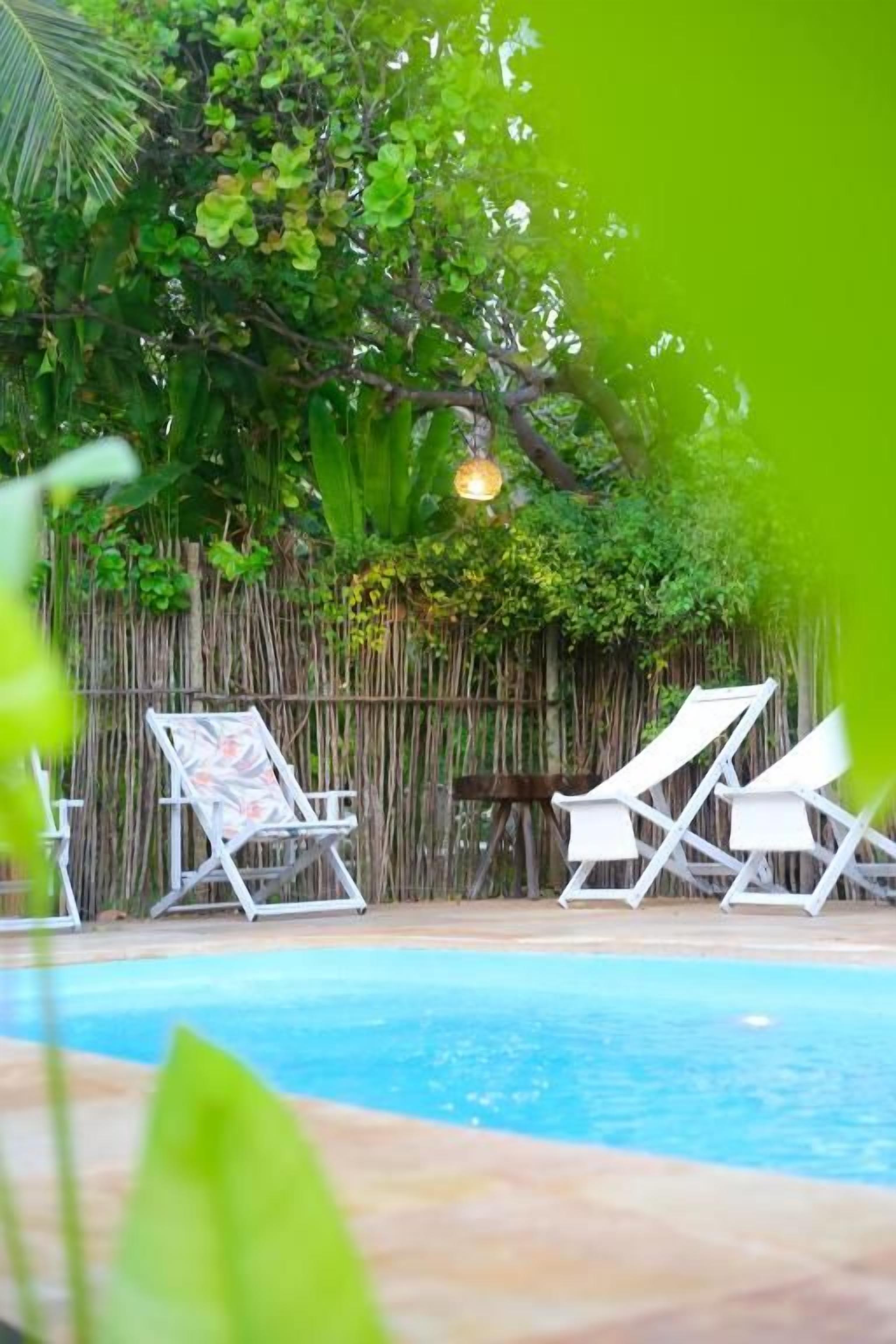 Piscina com espreguiçadeiras e cerca de bambu.