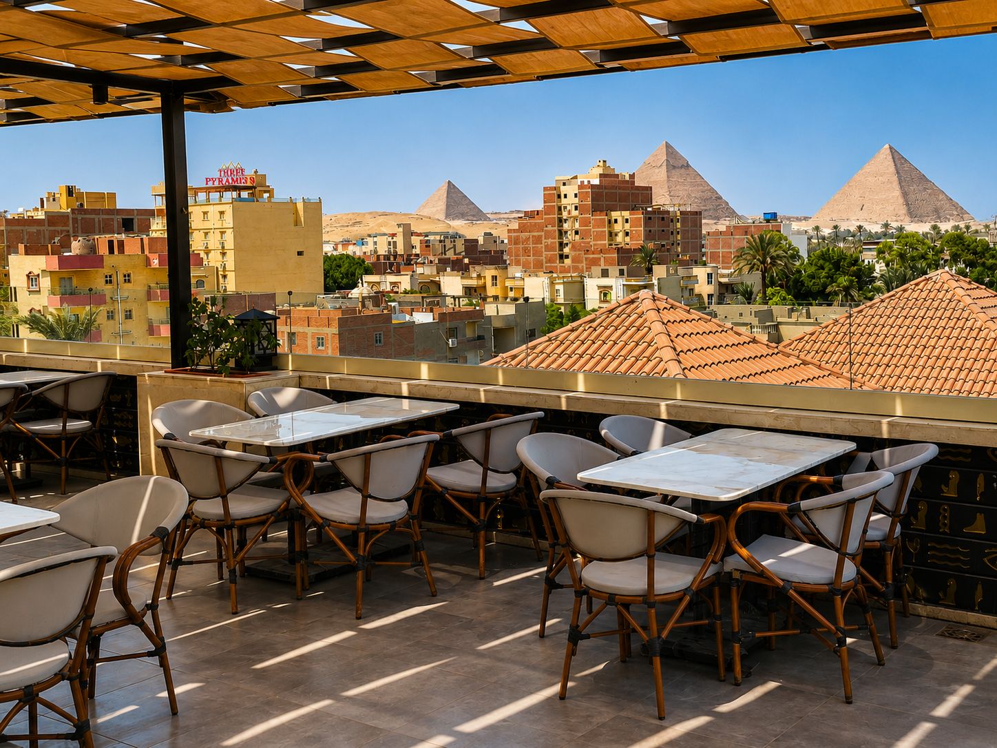 Un espacio al aire libre con mesas y sillas, con vista a un paisaje urbano y múltiples pirámides al fondo.