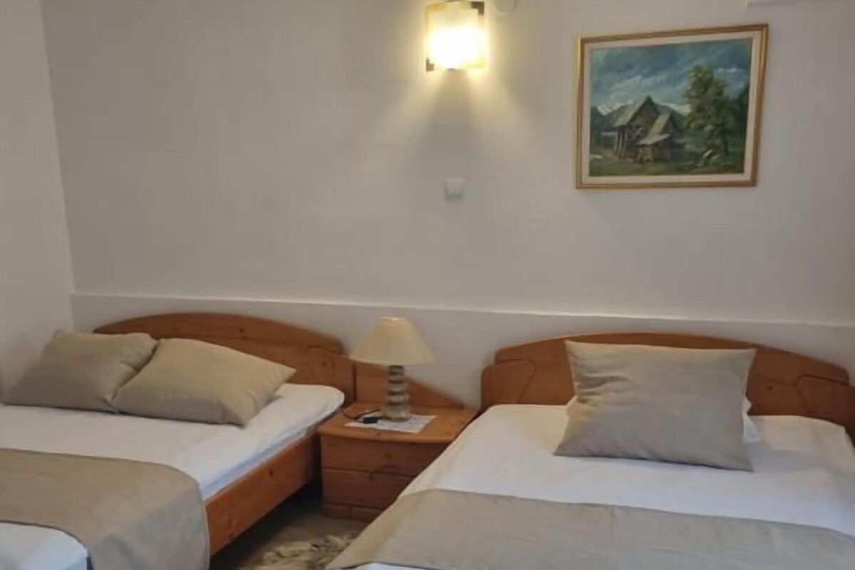 Una habitación con dos camas individuales, una mesita de noche con lámpara, un cuadro en la pared y suelo de madera.