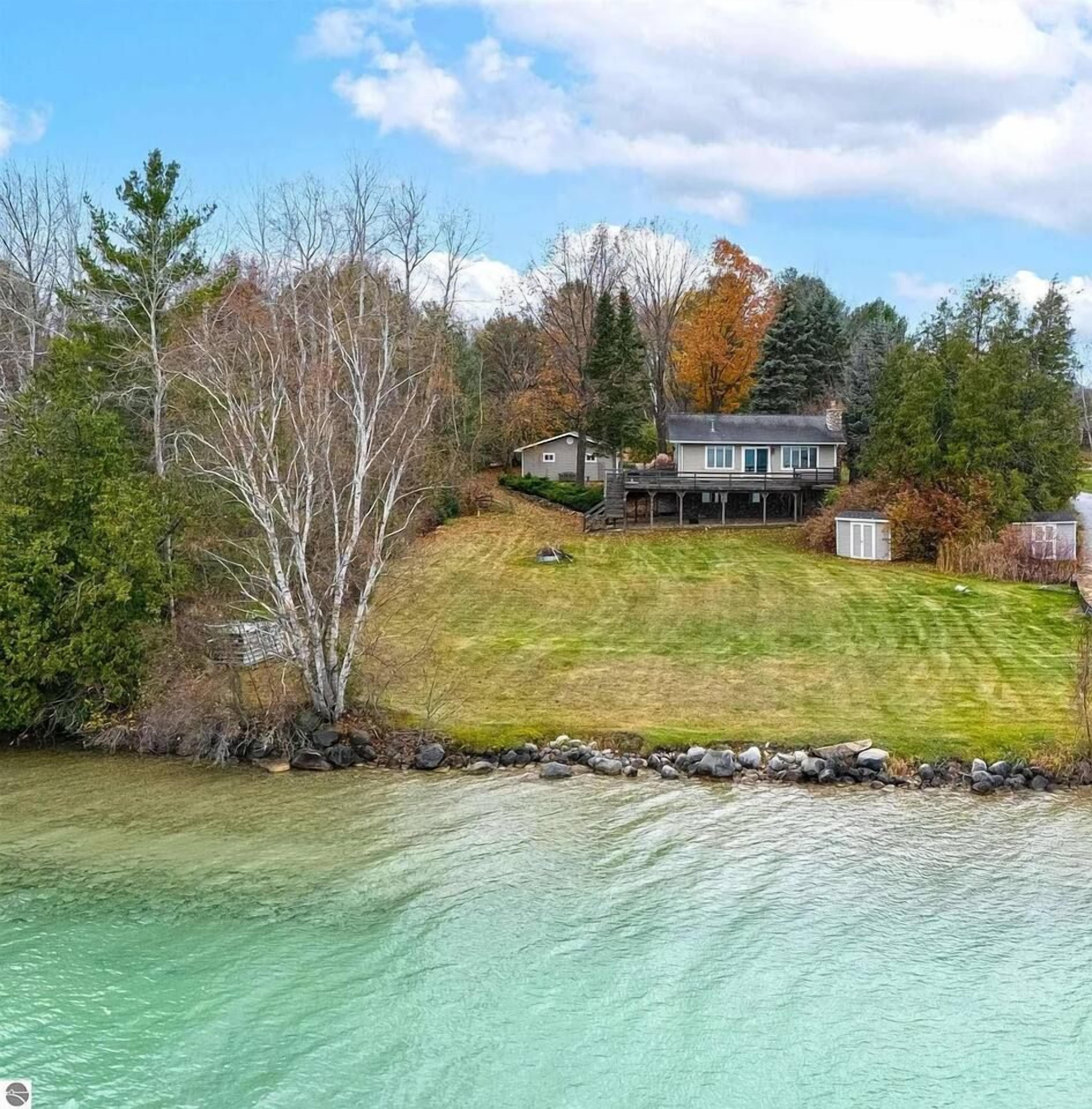 A house with a large lawn and a body of water in the foreground.