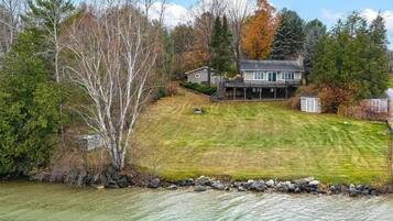 A house with a large lawn and a body of water in the foreground.