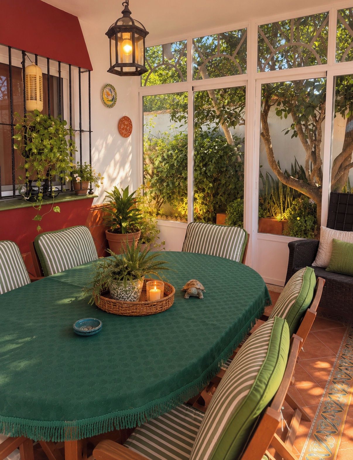 A dining area with a round table, chairs, and a green tablecloth.
