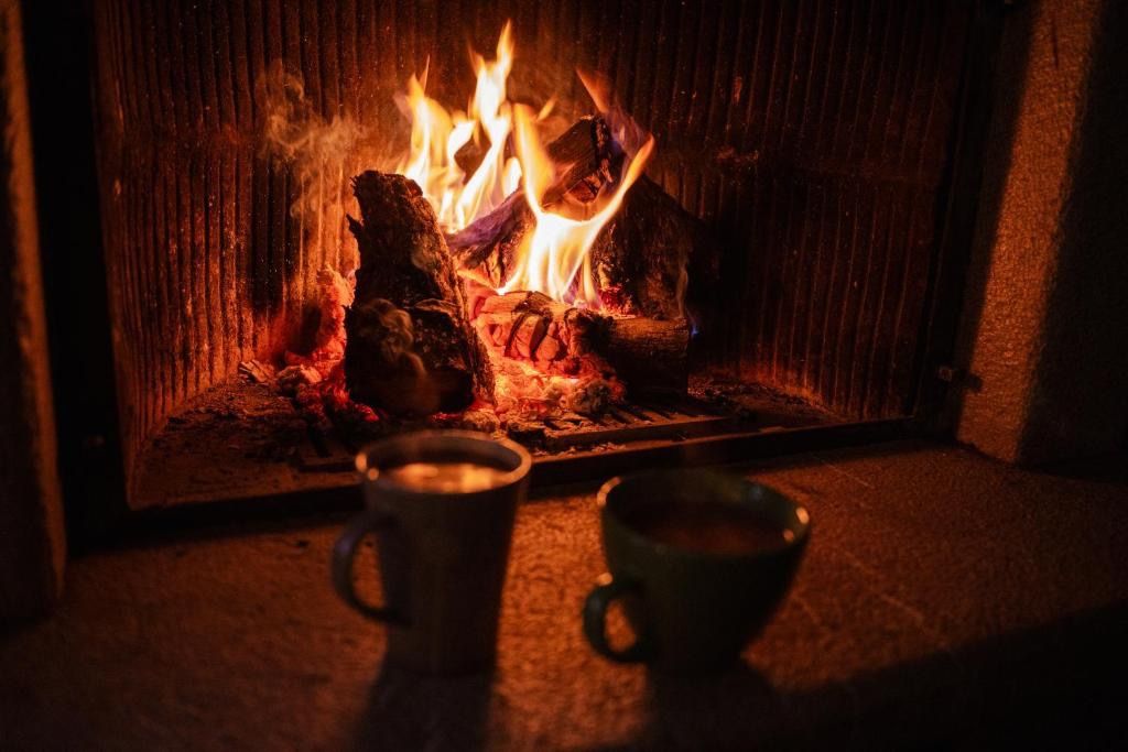 A fireplace with burning logs and two mugs on a mantel.