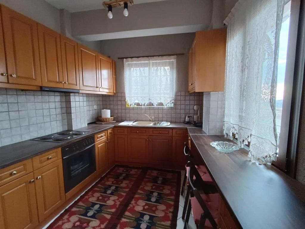 A kitchen with wooden cabinets, a tiled backsplash, a stove, and a patterned rug.
