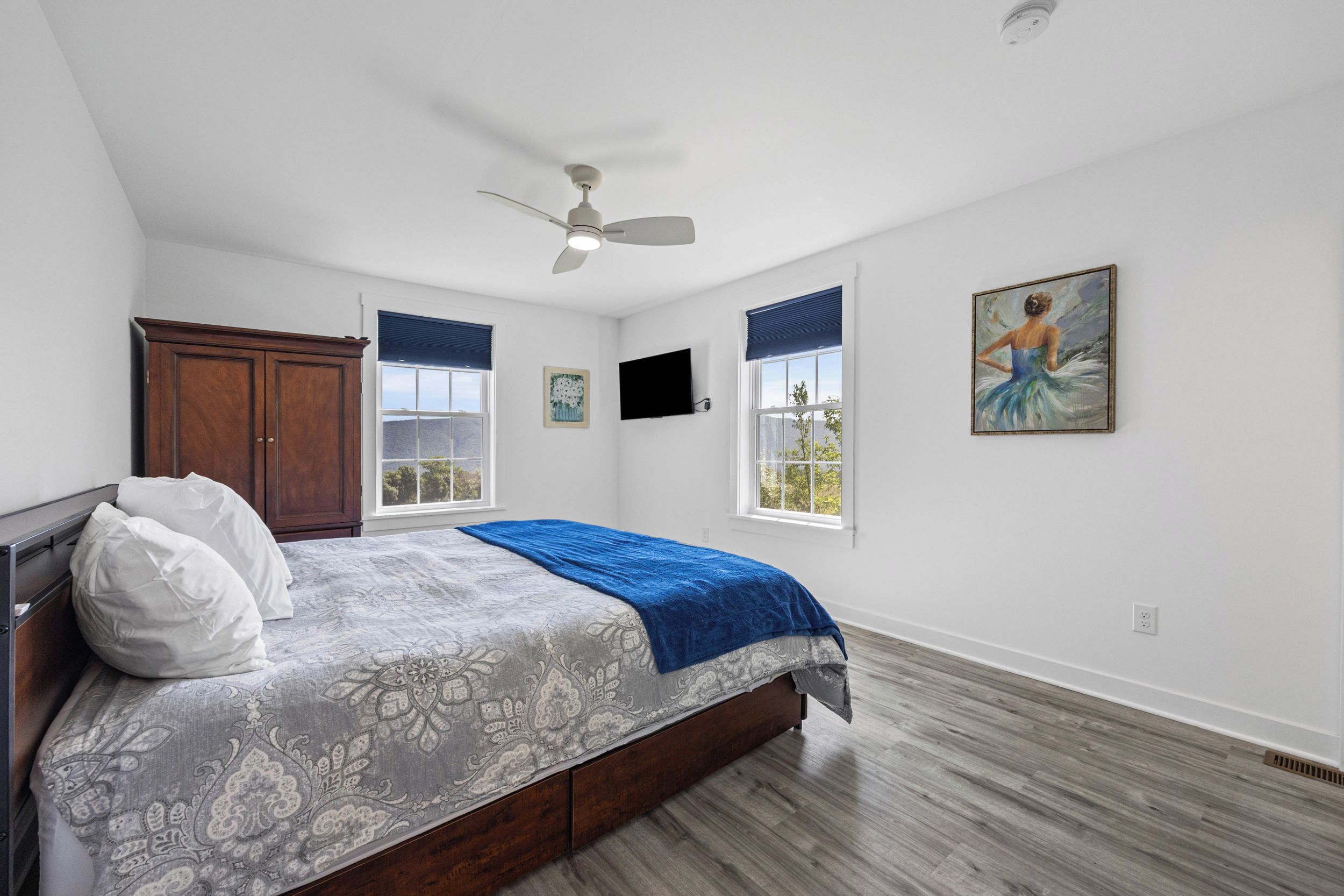 A bedroom with a bed, a wardrobe, a ceiling fan, a painting, and two windows with blinds.