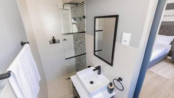 A modern bathroom with a glass shower enclosure, a white sink, and a large mirror.