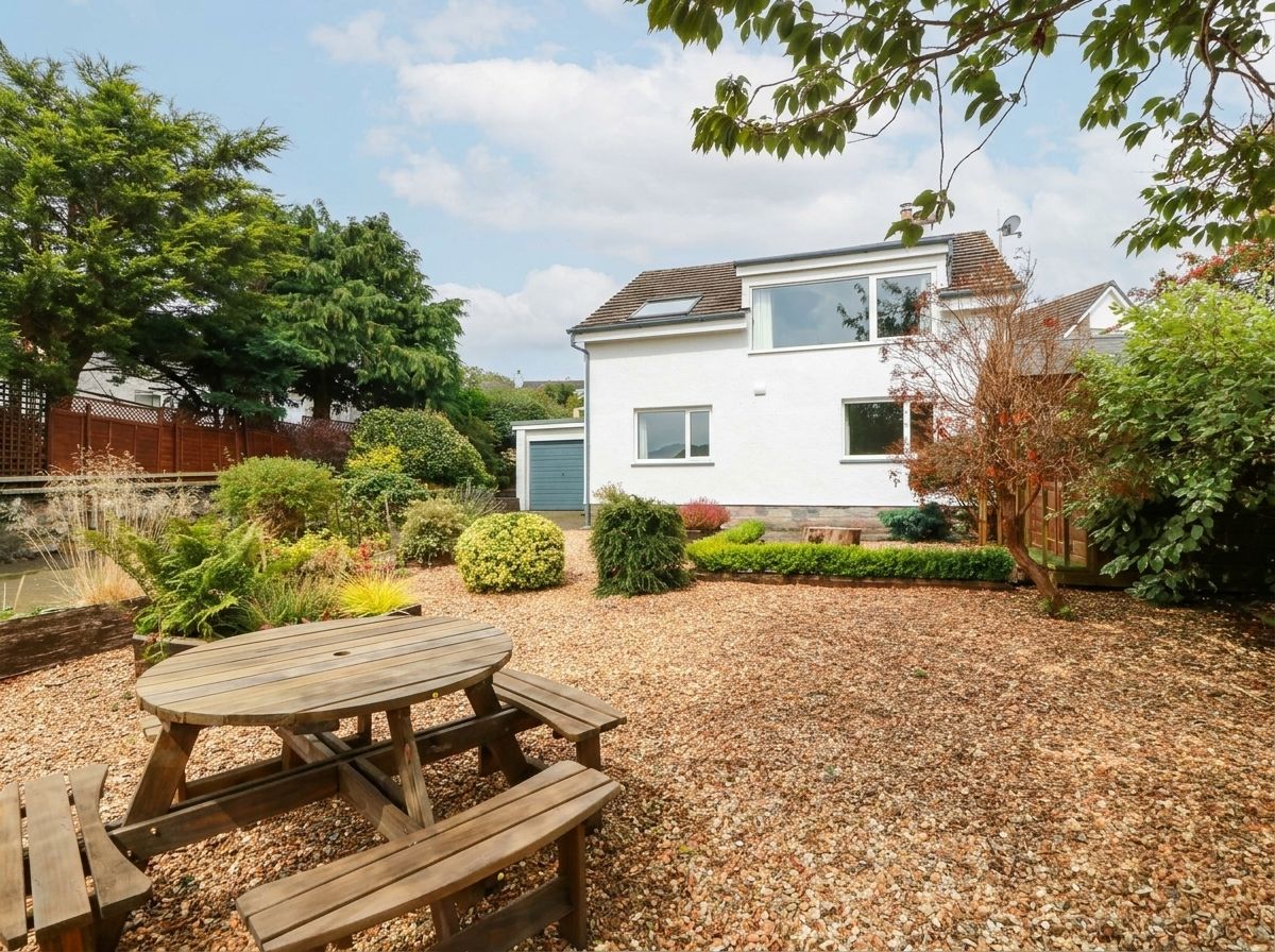 A house with a white exterior, a wooden deck, and a gravel yard.