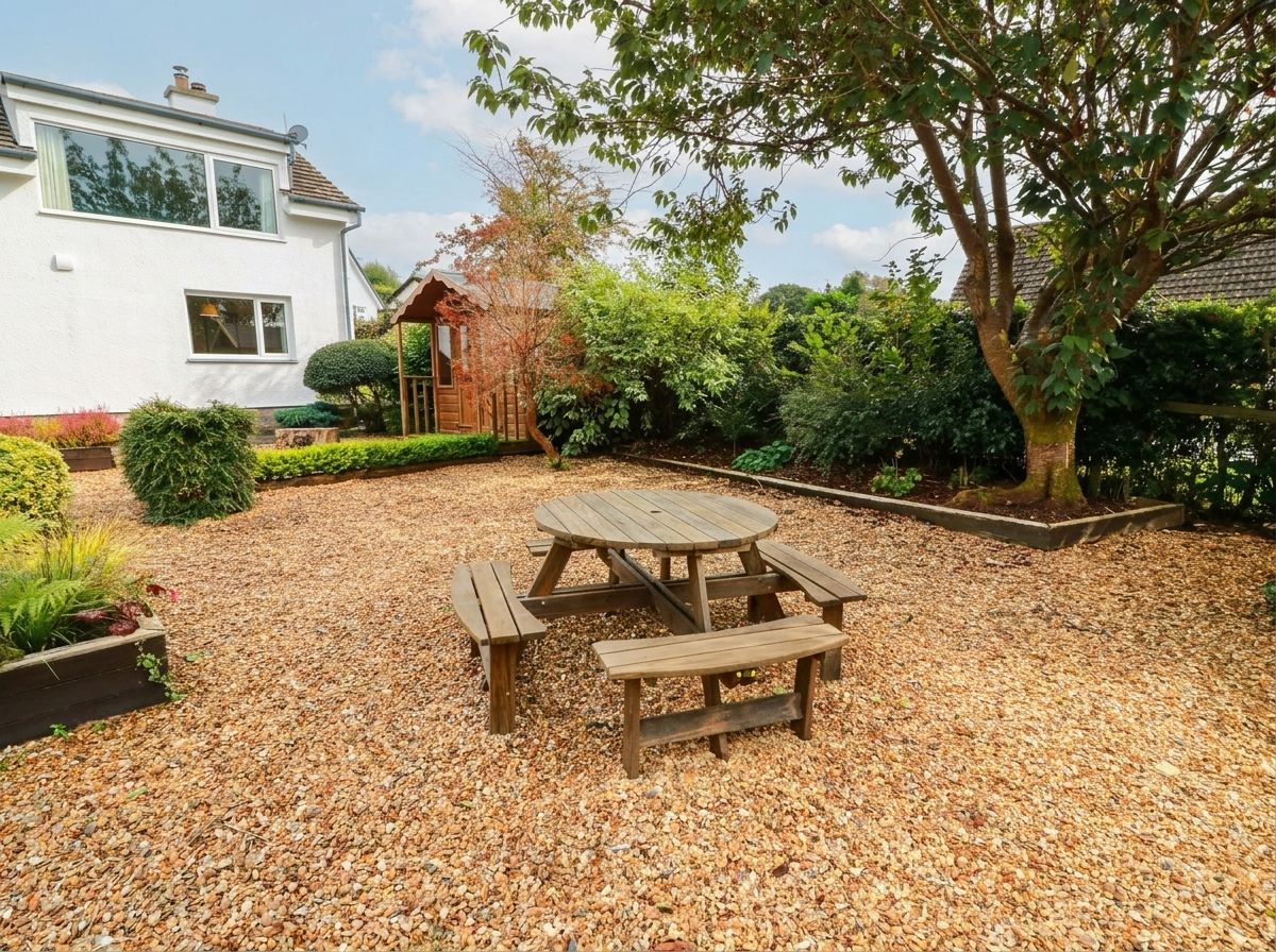 A patio with a wooden table and benches, surrounded by gravel and greenery.
