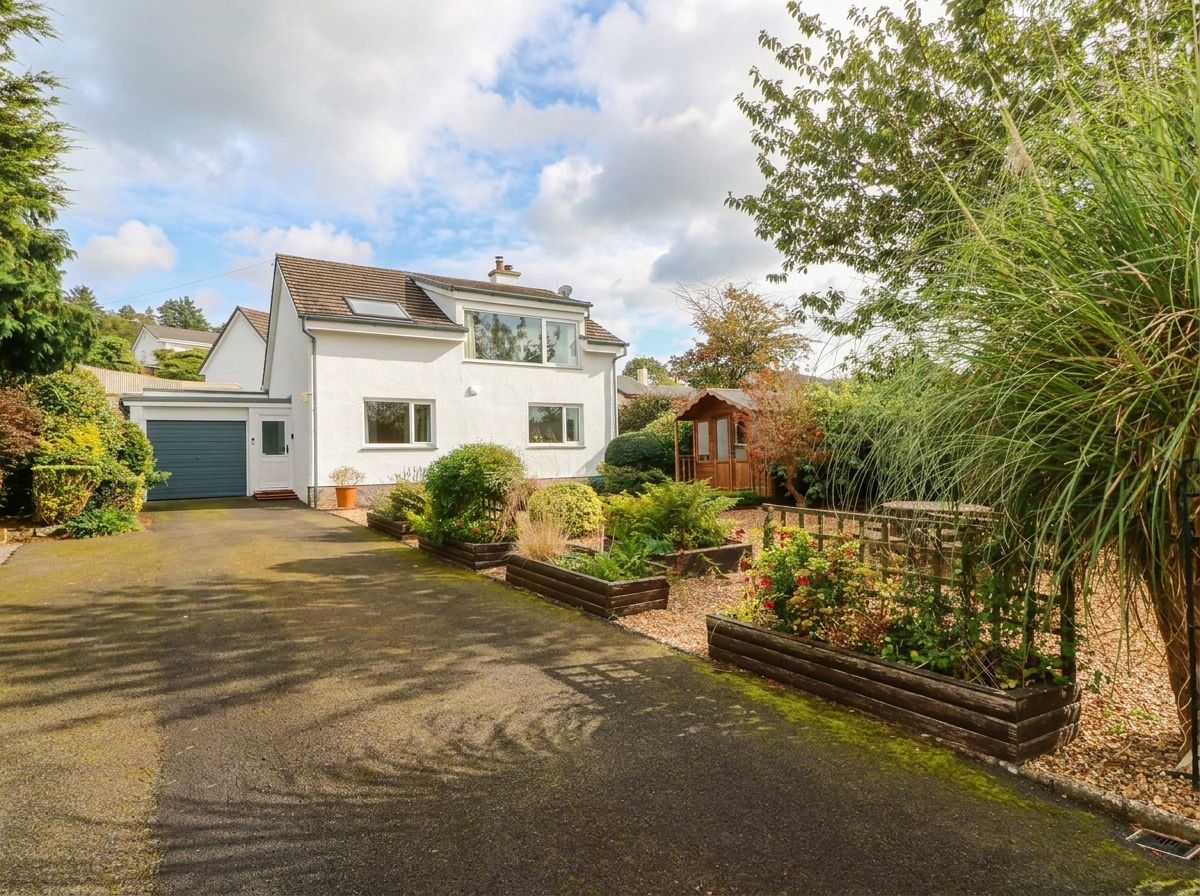 A two-story house with a driveway leading to a garage.