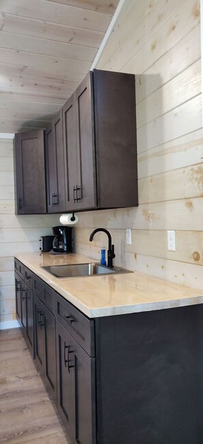 A kitchen with wooden cabinets, a stainless steel sink, and a countertop. - Hill Top Cabin overlooking The Pond! (Granite Falls)