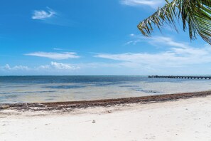 Ein Strand mit blauem Himmel, ruhigem Wasser und einem Steg, der ins Meer führt.