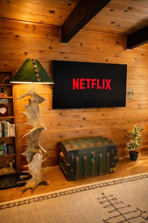 Quarto com parede de madeira, televisão exibindo 'NETFLIX', luminária, estante de livros, baú decorativo e planta em vaso.