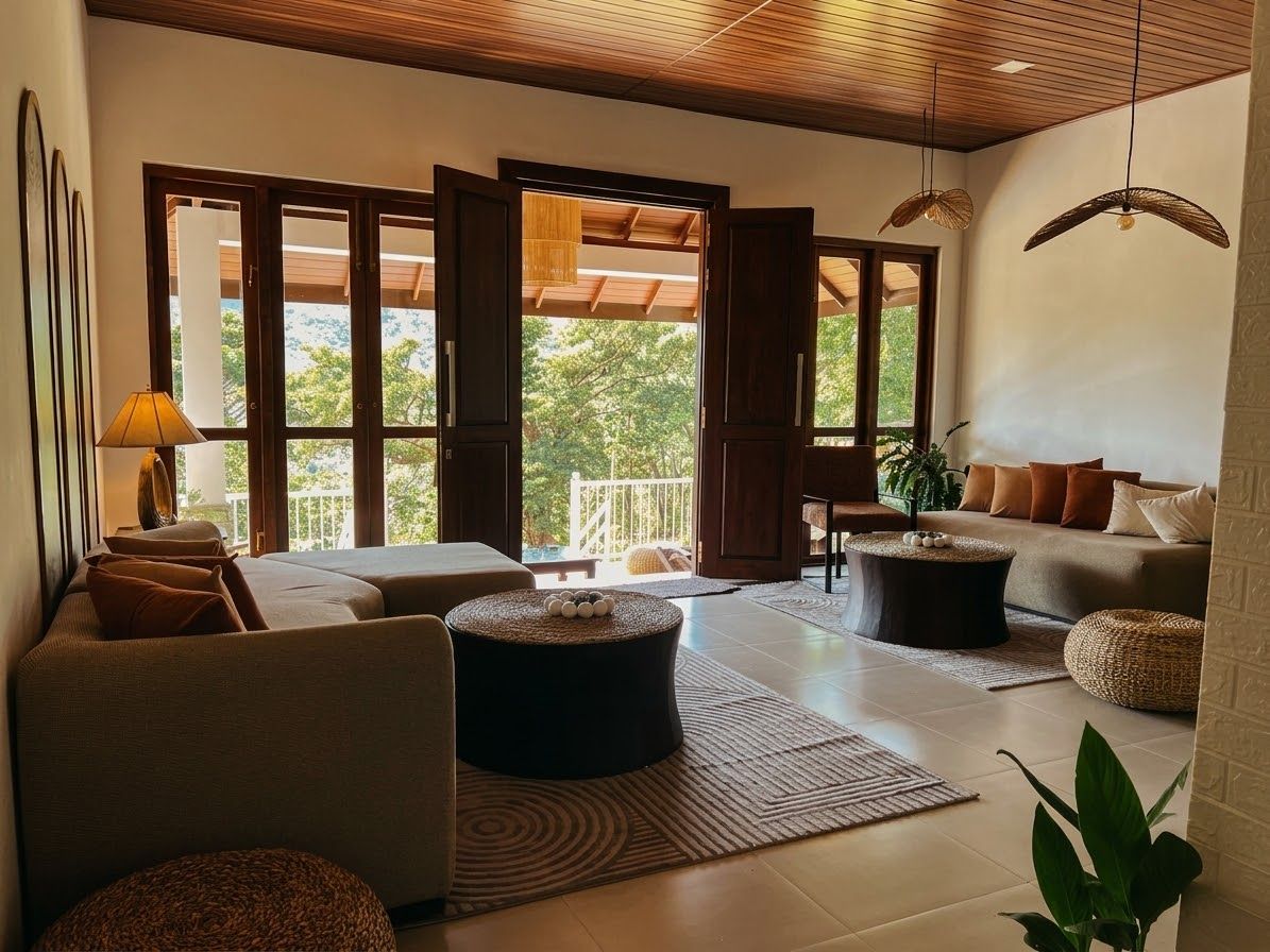 Una sala de estar moderna con sofá, reposapiés y una mesita de centro. Hay un ventanal con vistas a zonas verdes.