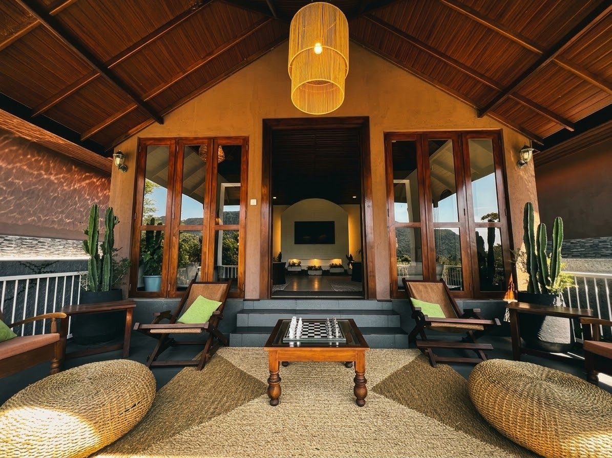A covered outdoor seating area with a chess table, wooden chairs, and a view of the interior.