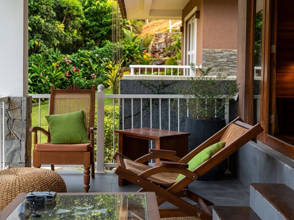 A balcony with a wicker chair, a wooden lounge chair, and a small table.