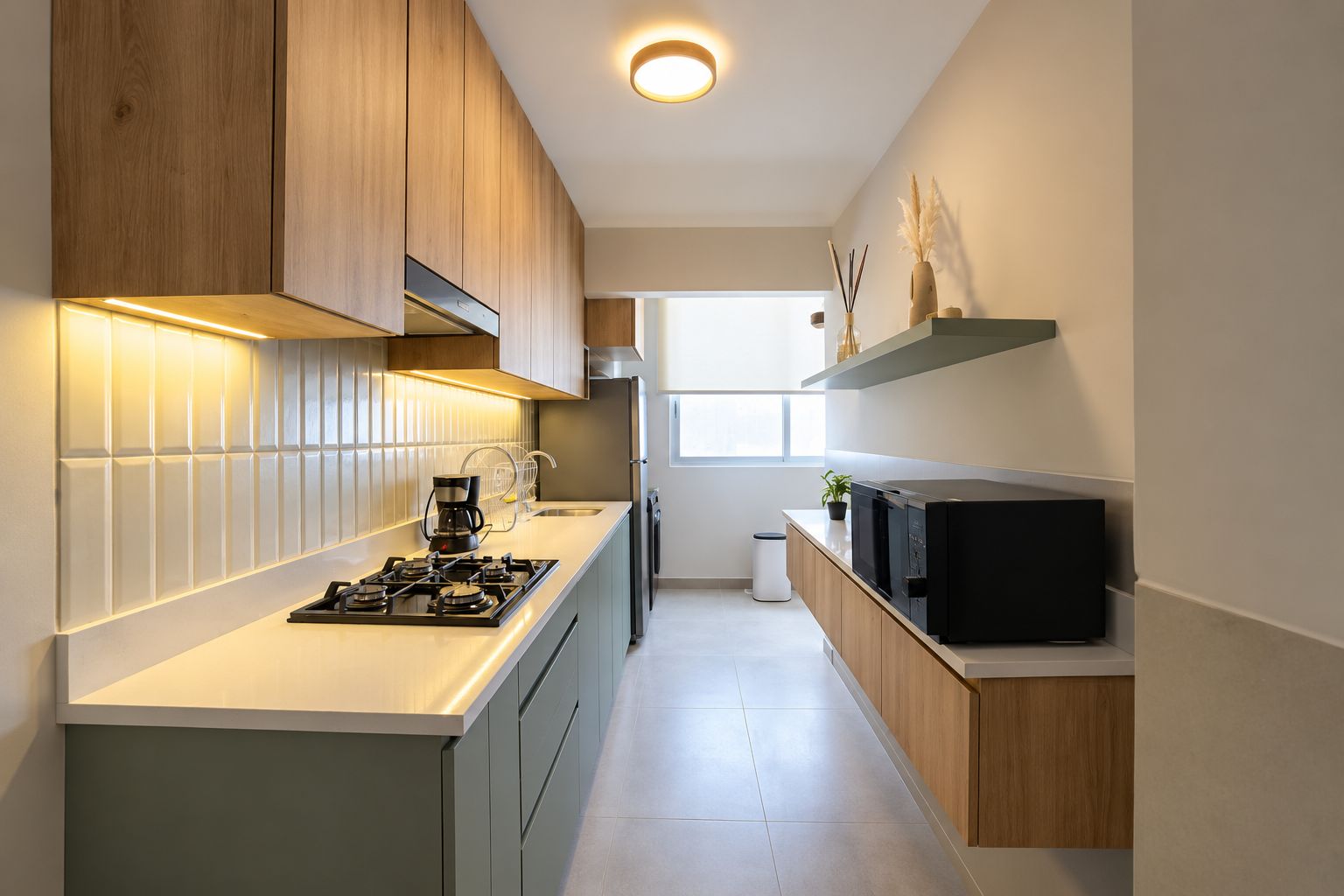Una cocina moderna con estufa a gas, cafetera y microondas.