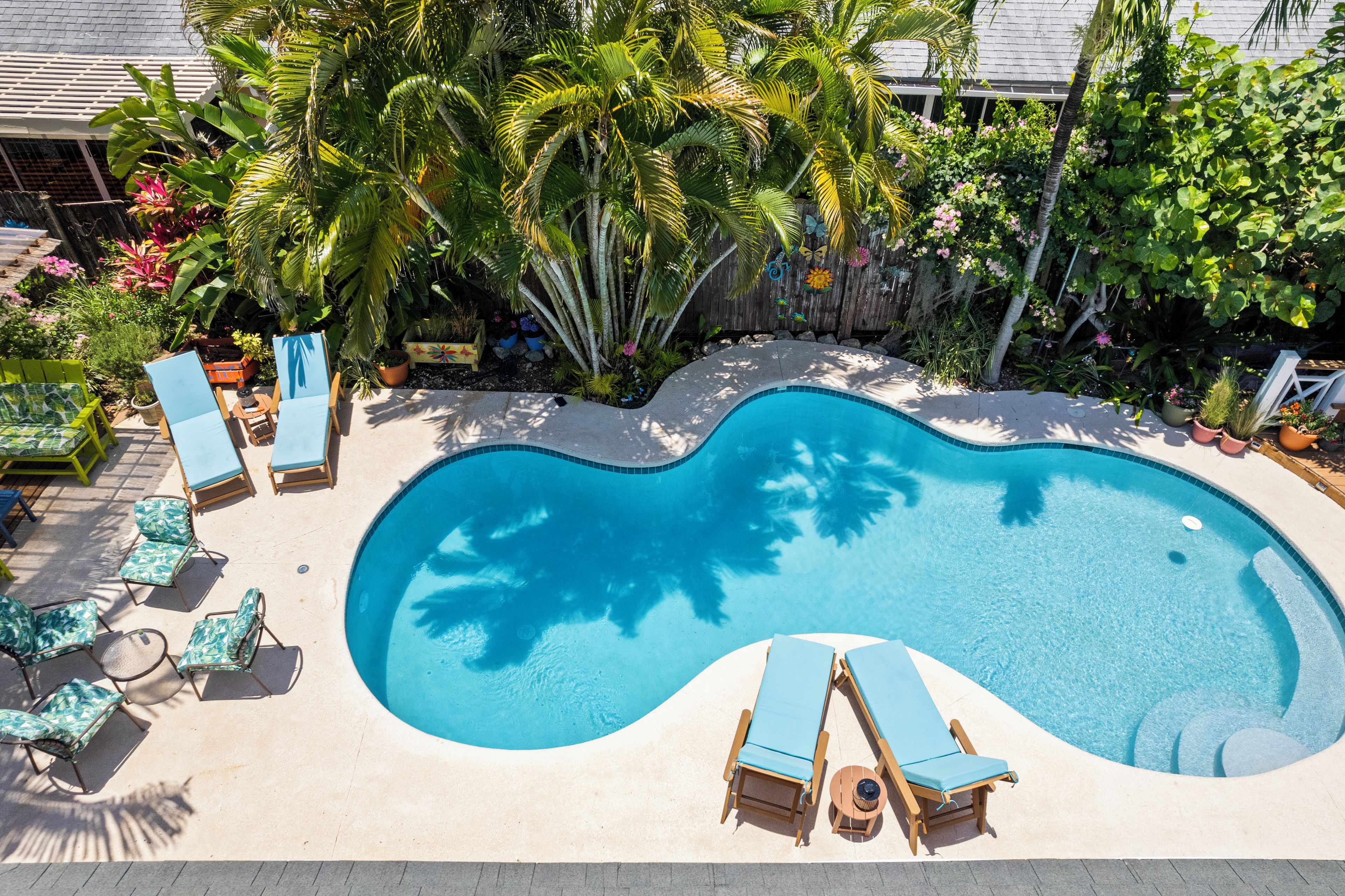 A swimming pool with lounge chairs and tropical plants.