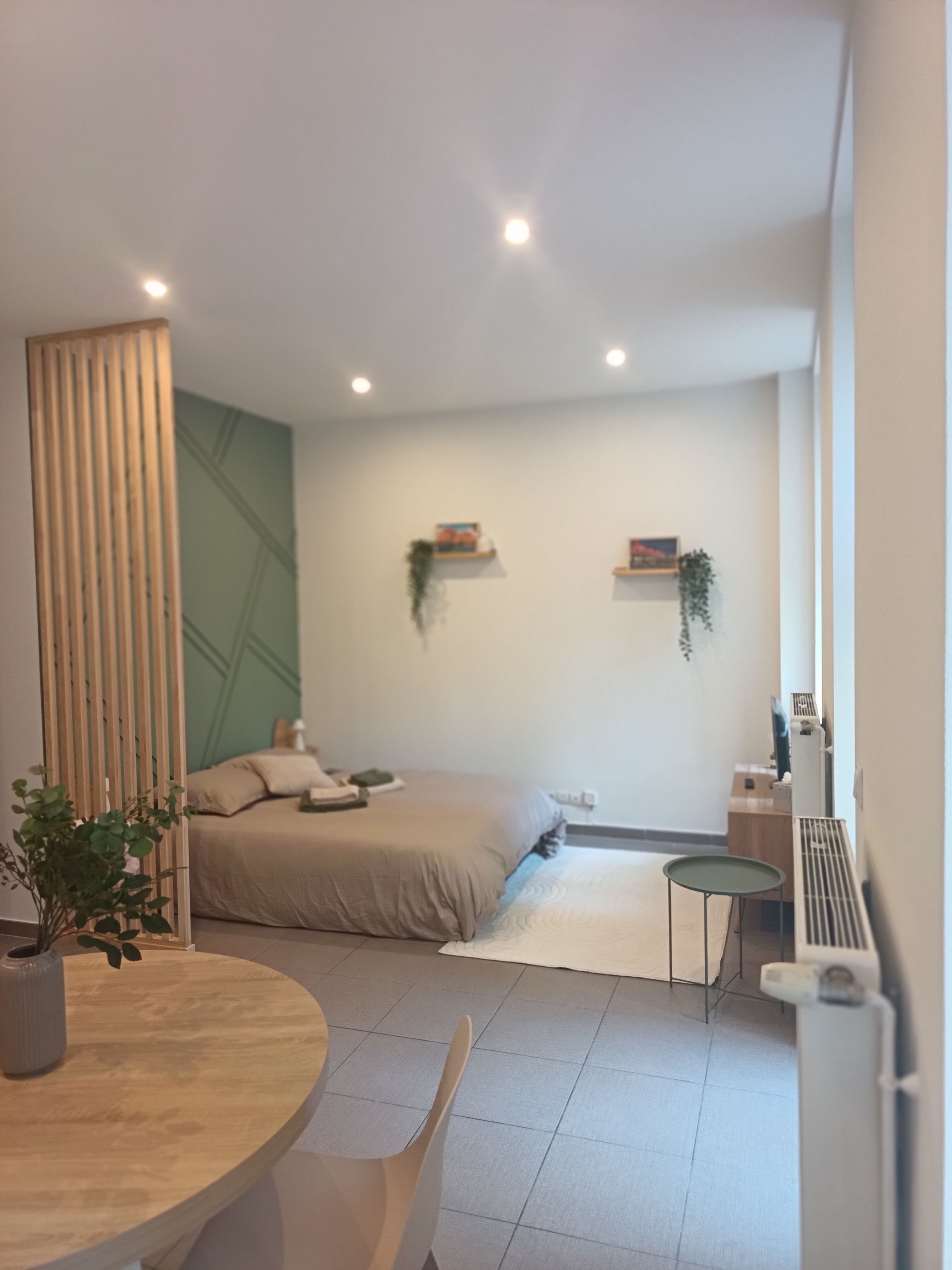 Una camera da letto moderna con un letto, comodini, una pianta sul comodino, un termosifone e una finestra.