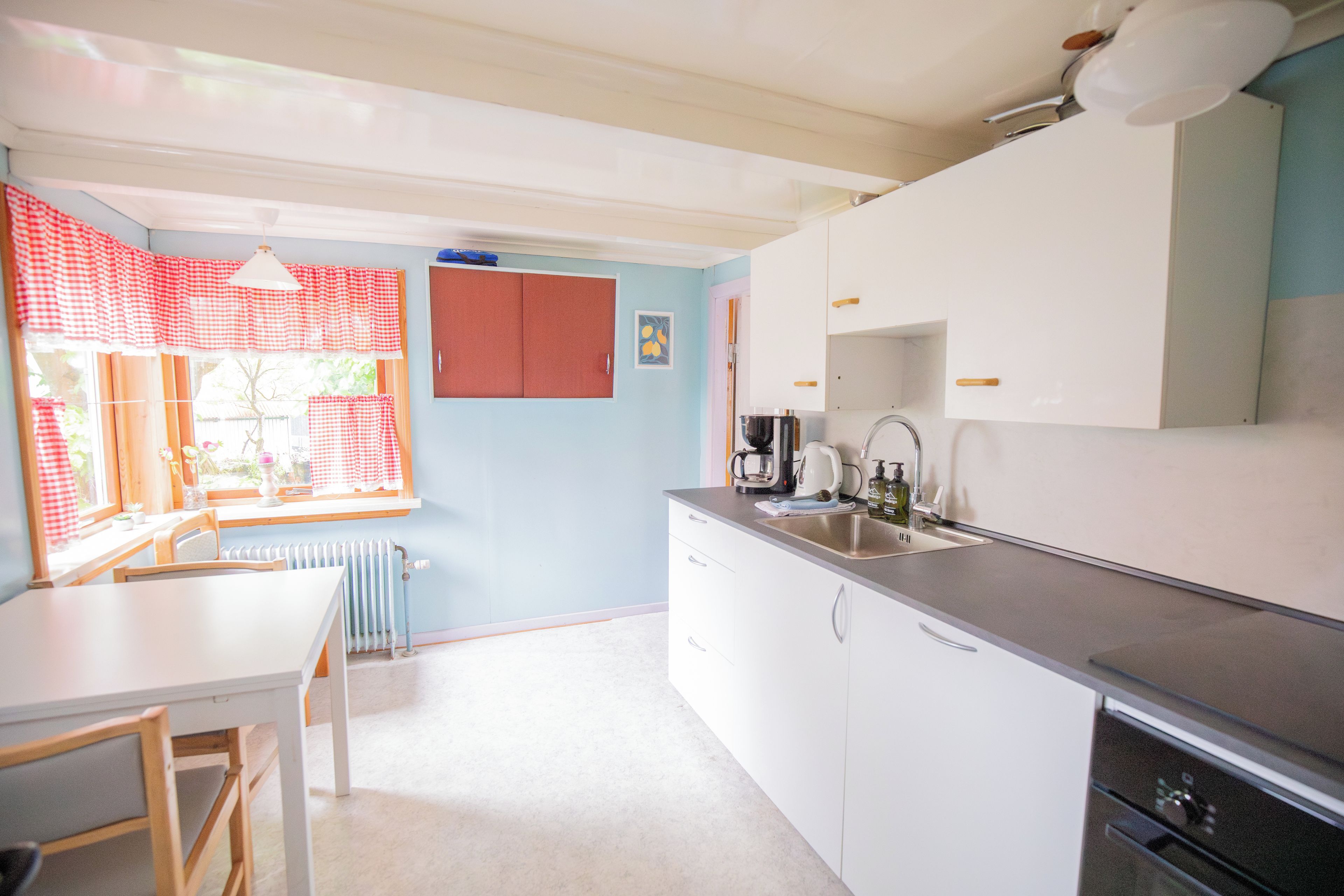 A kitchen with a white countertop, a sink, and a window with red curtains.