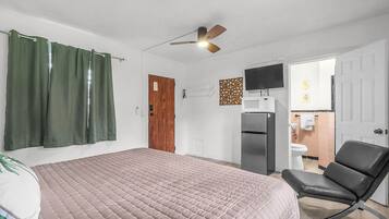 A bedroom with a bed, a chair, a ceiling fan, a door, and a bathroom visible through an open door.