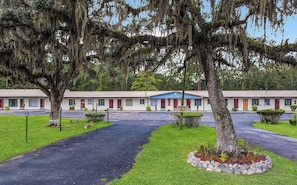 Un motel con un camino central, rodeado de césped y árboles con musgo colgante.