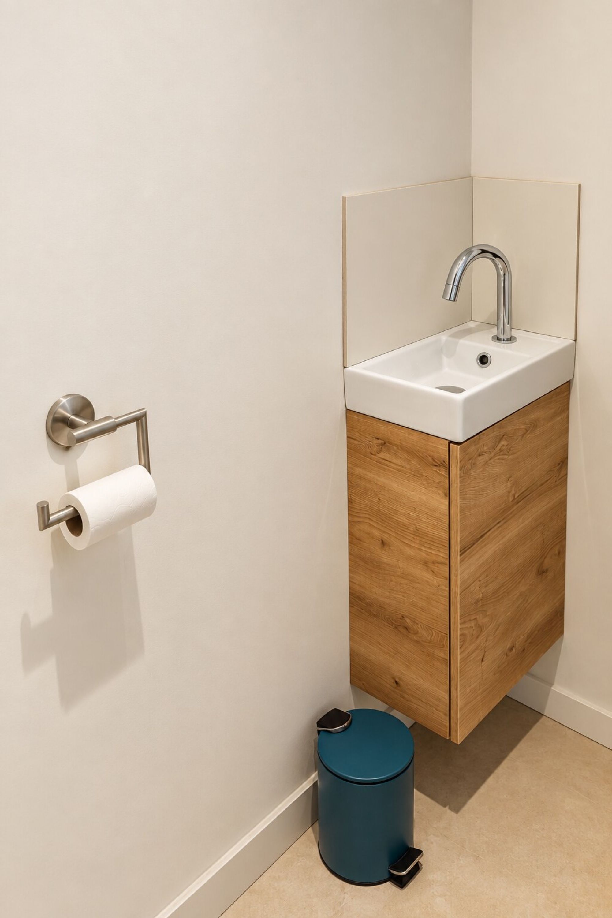 Une salle de bain équipée d’un porte-rouleau de papier toilette, d’un lavabo avec un robinet et d’une poubelle.