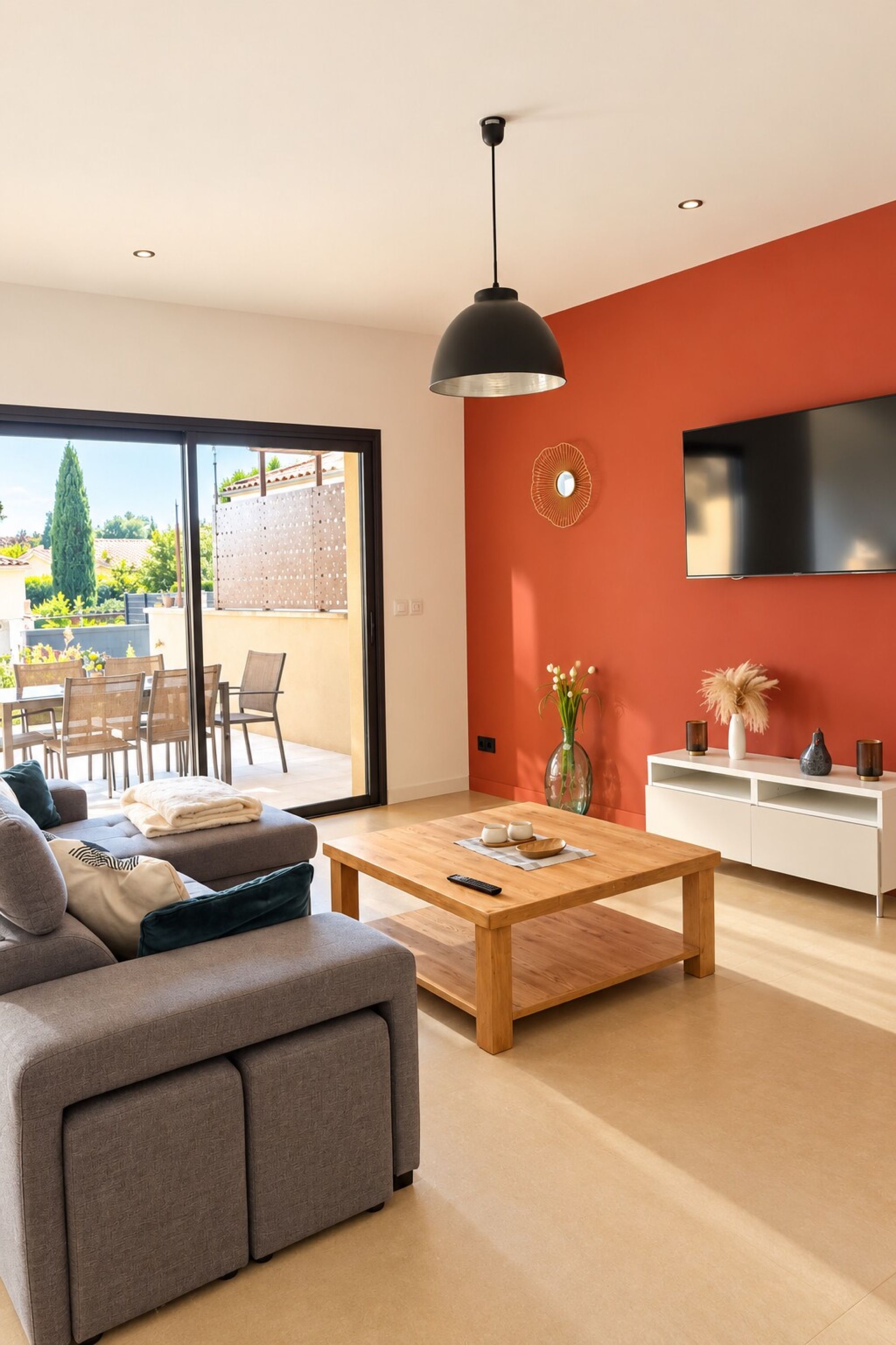 Una sala de estar moderna con un sofá, una mesa de centro y un televisor montado en la pared.