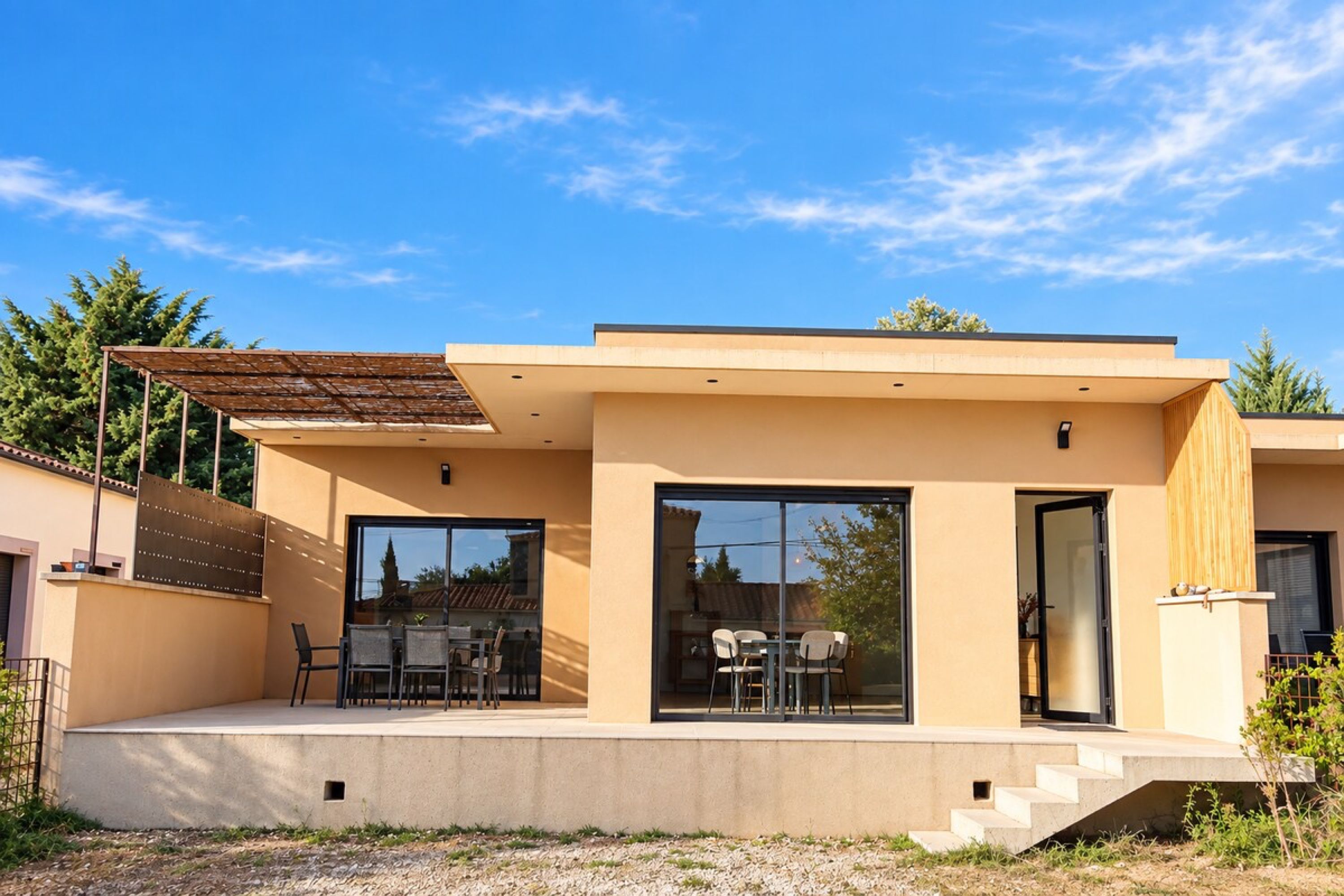 A modern two-story house with a flat roof, large sliding glass doors, and a patio area with outdoor furniture.