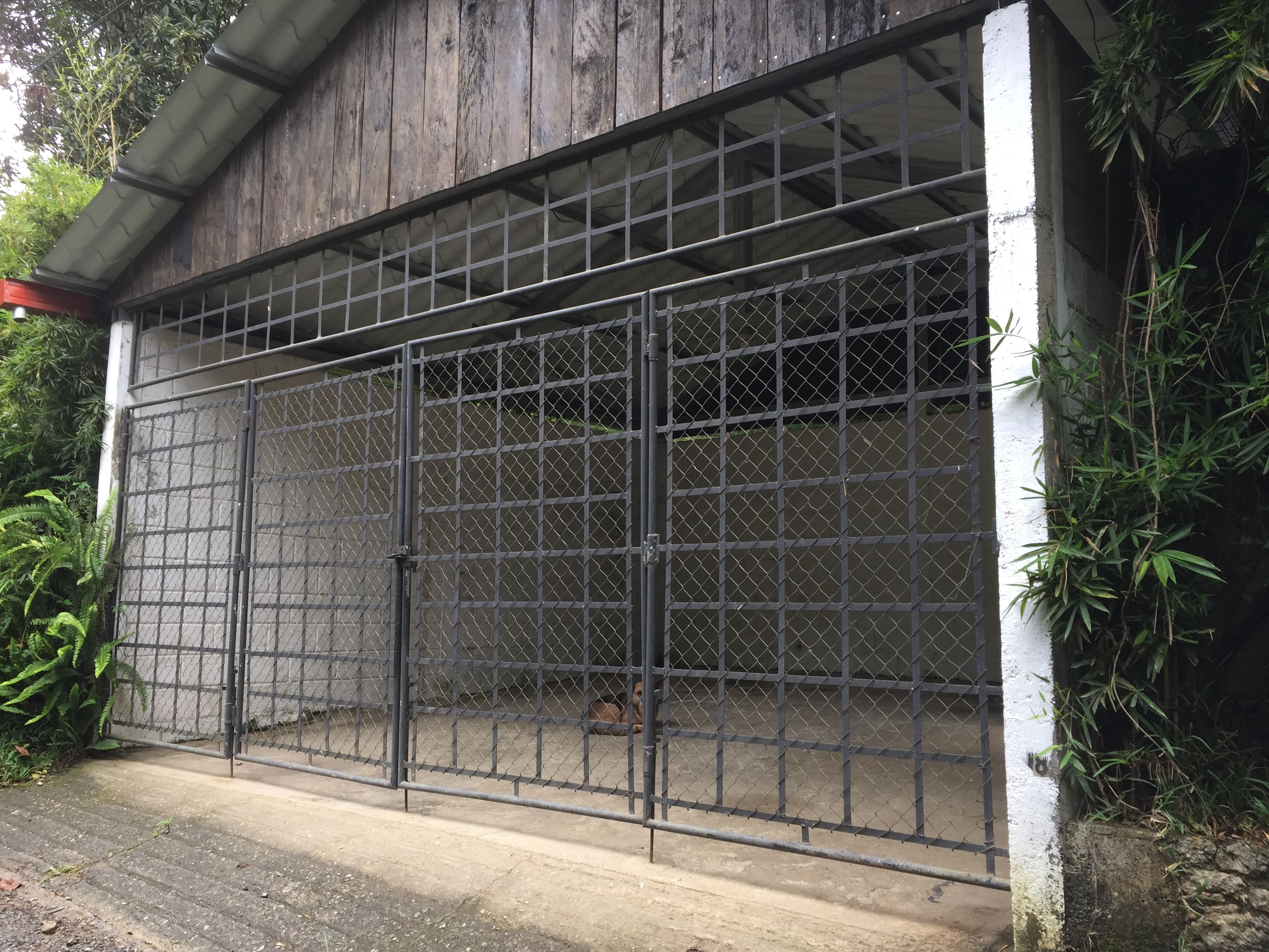A metal gate with a grid pattern, attached to a concrete wall with a white base.