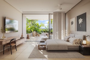 A modern bedroom with a bed, bedside table, and a TV.