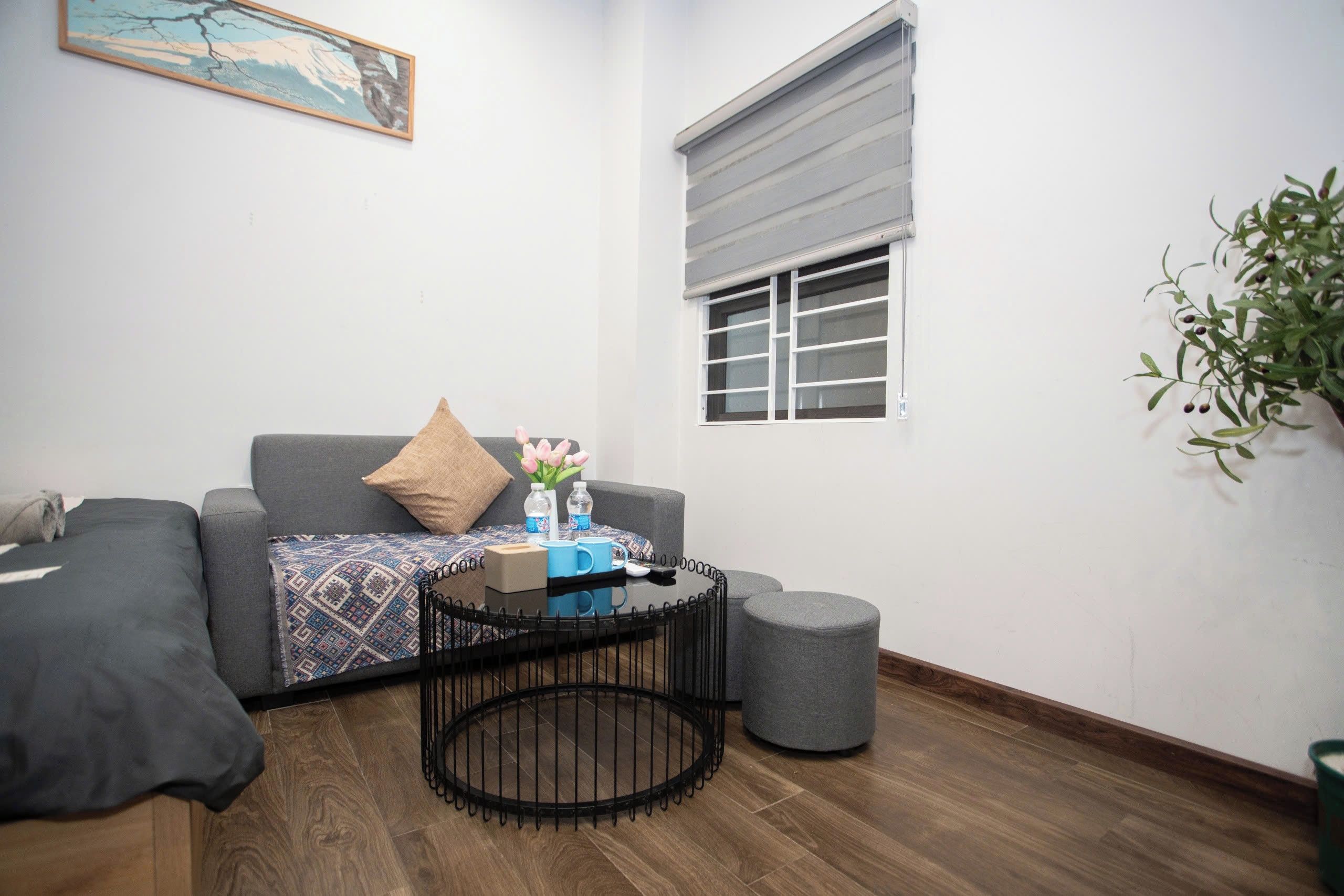 Un espace de vie compact avec un canapé gris, un plaid à motifs, une petite table basse ronde et un pouf gris. Une fenêtre avec des stores est visible, et une plante est placée sur la droite.