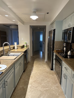 A modern kitchen with granite countertops, stainless steel appliances, and a walk-in pantry. - Oceanfront 3BR at the Ritz-Carlton Club: Beach Walkout & Handicap Accessible (Nazareth)