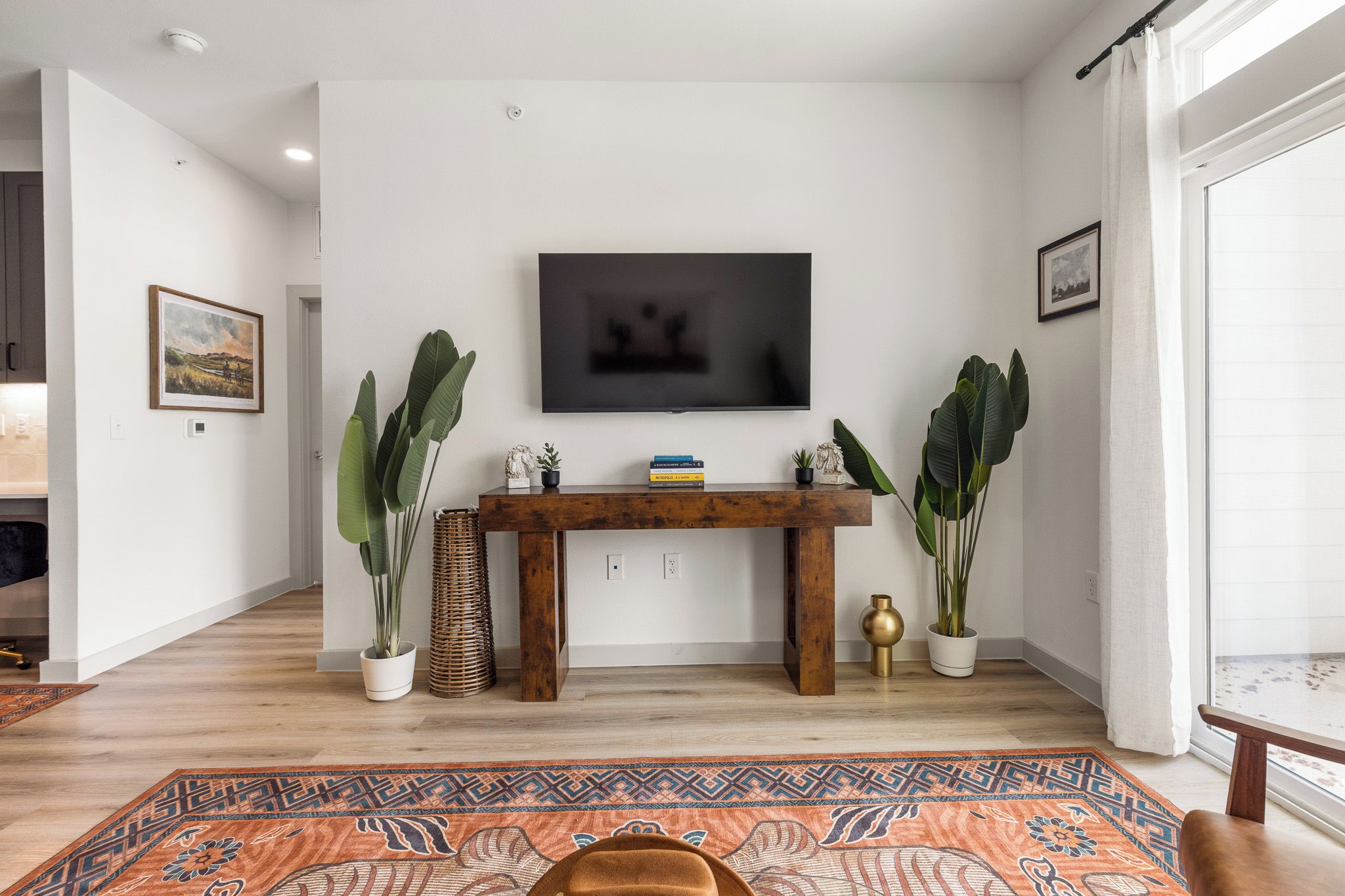 A modern living room with a flat-screen TV mounted on the wall, a wooden console table with decorative items, large potted plants, and a patterned rug.