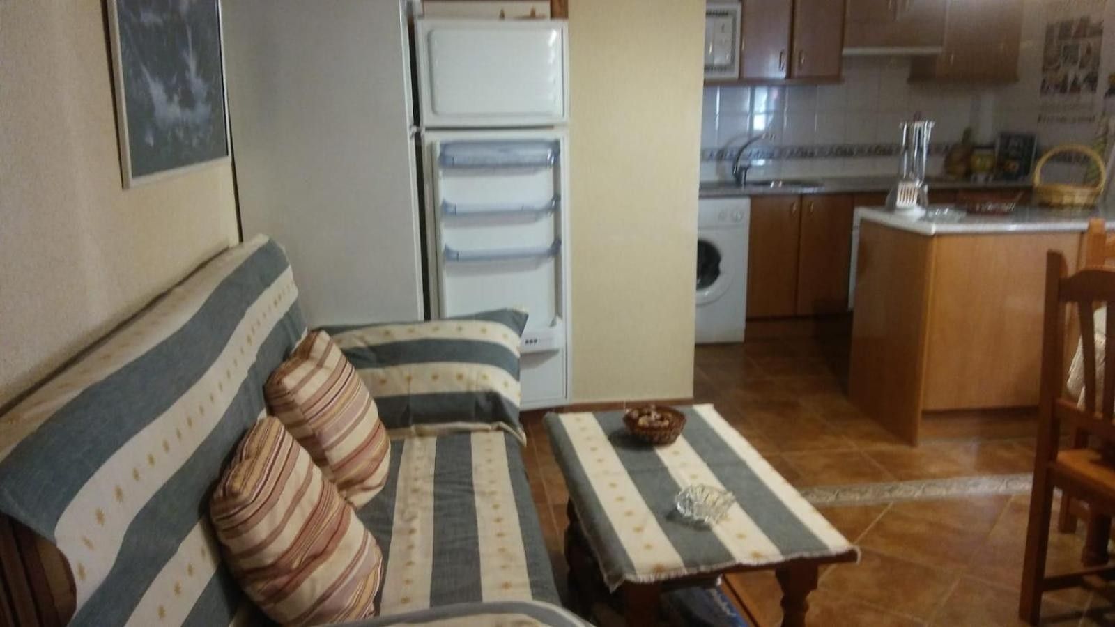 En kompakt opholdsstue med sofa, et lille bord, et tekøkken med vaskemaskine og et spiseområde med en stol.