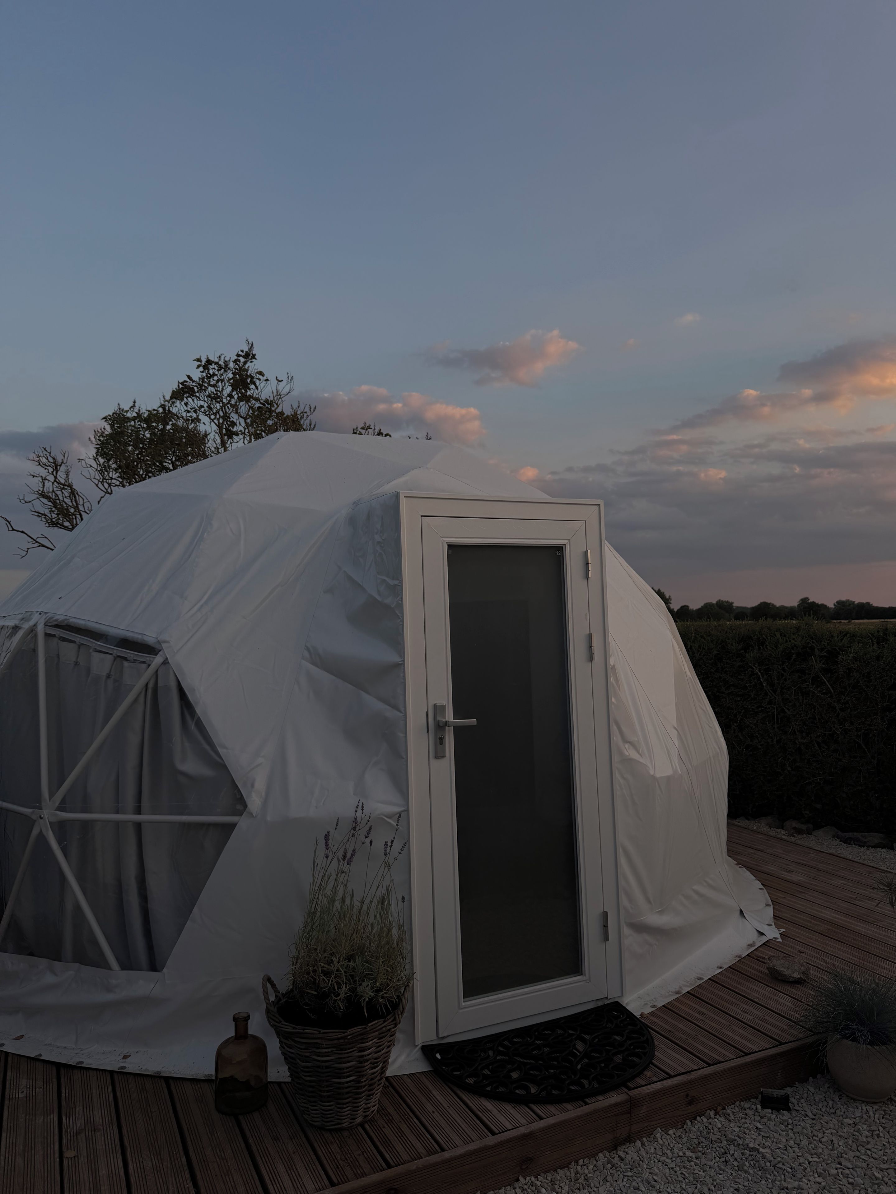 A dome-shaped tent with a door and a window, situated on a wooden deck with potted plants.
