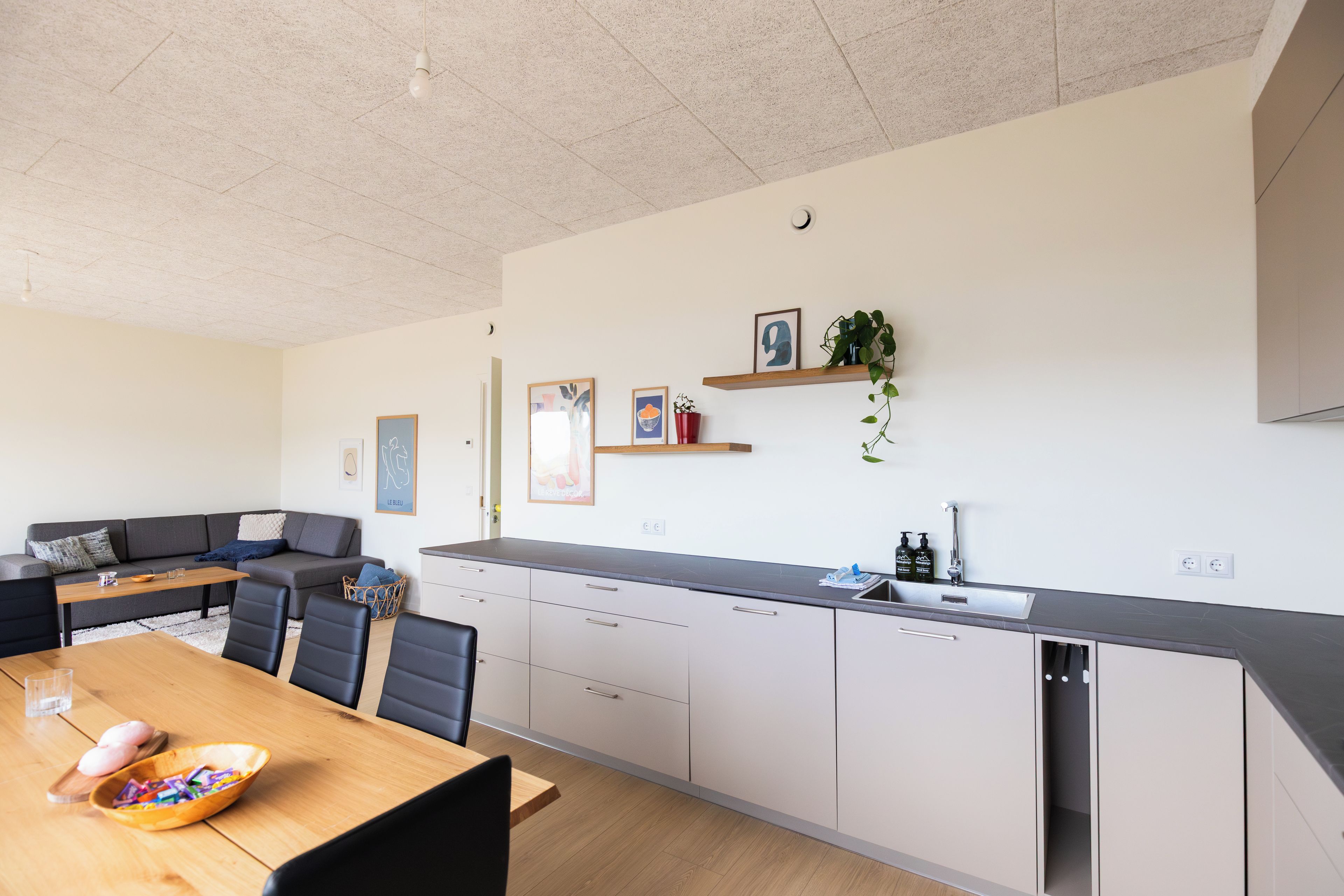 Een moderne keuken met een eethoek, met een houten tafel, stoelen en een geïntegreerde vaatwasser.