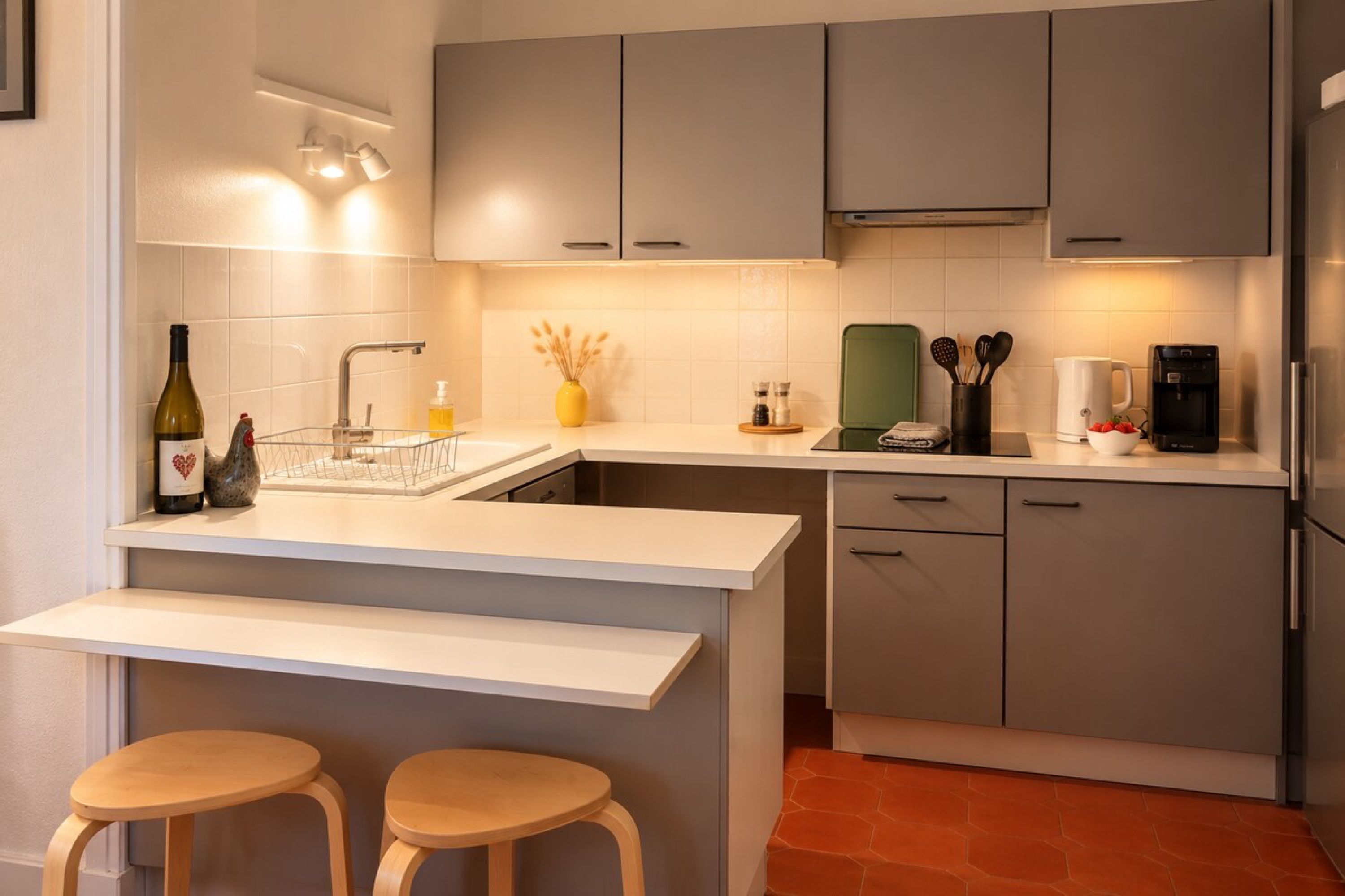 Una cocina moderna con una isla central, taburetes de bar y una cafetera.