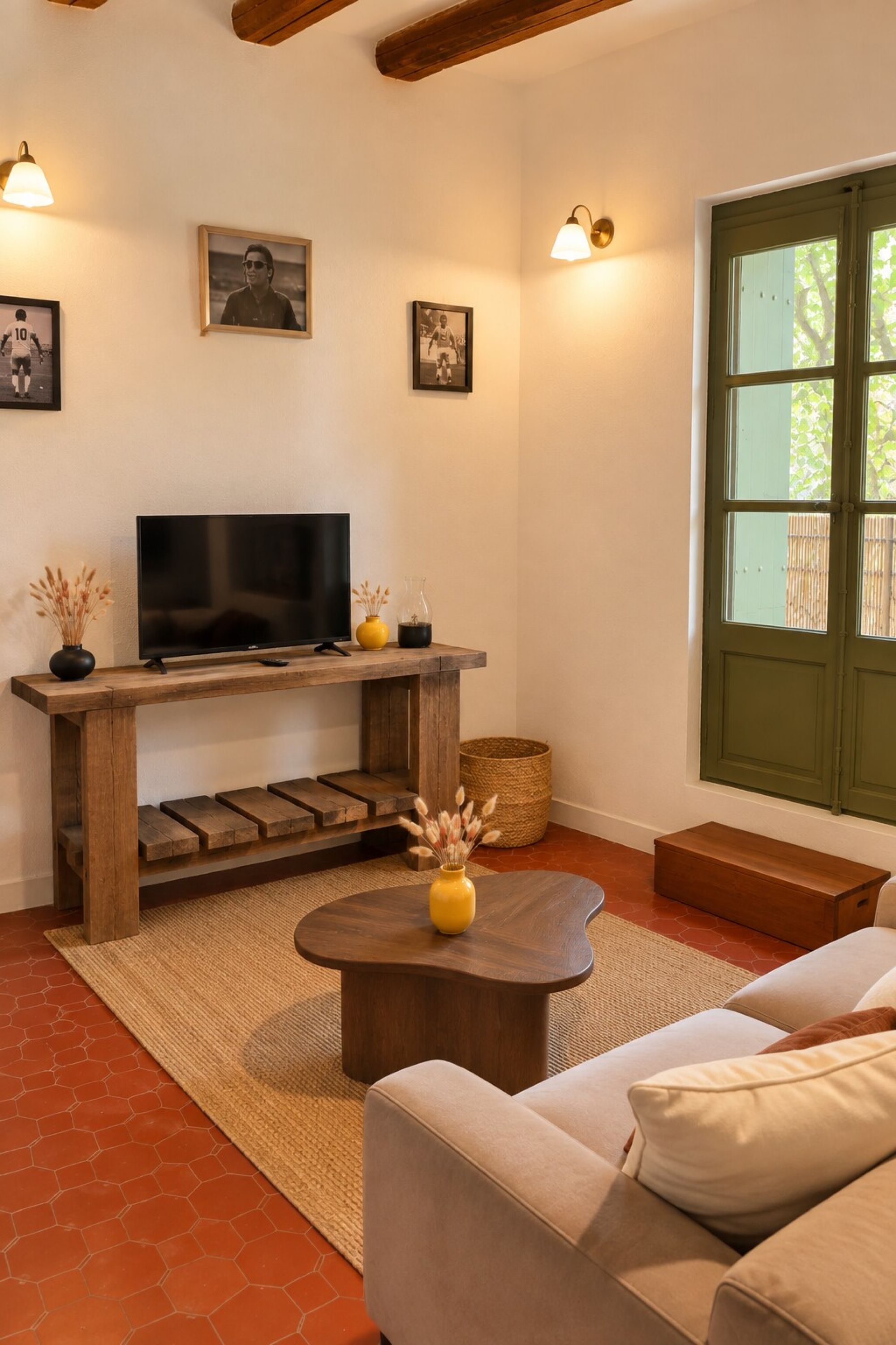 Una sala de estar con una televisión sobre un mueble de madera, un sofá, una mesa de centro y una ventana con vistas a zonas verdes.