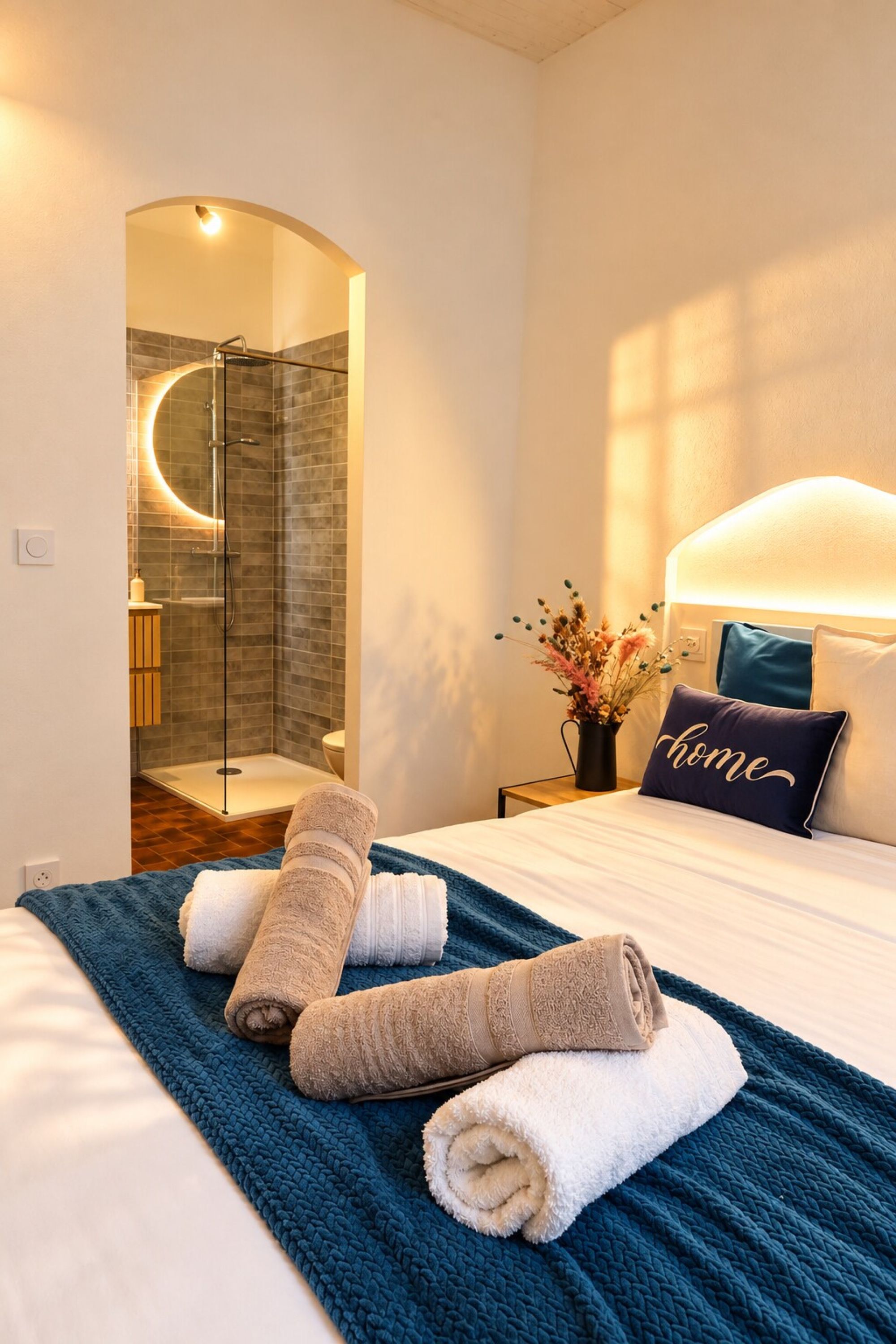 Une chambre d’hôtel comprenant un lit, une table de chevet, un vase avec des fleurs et un espace douche.