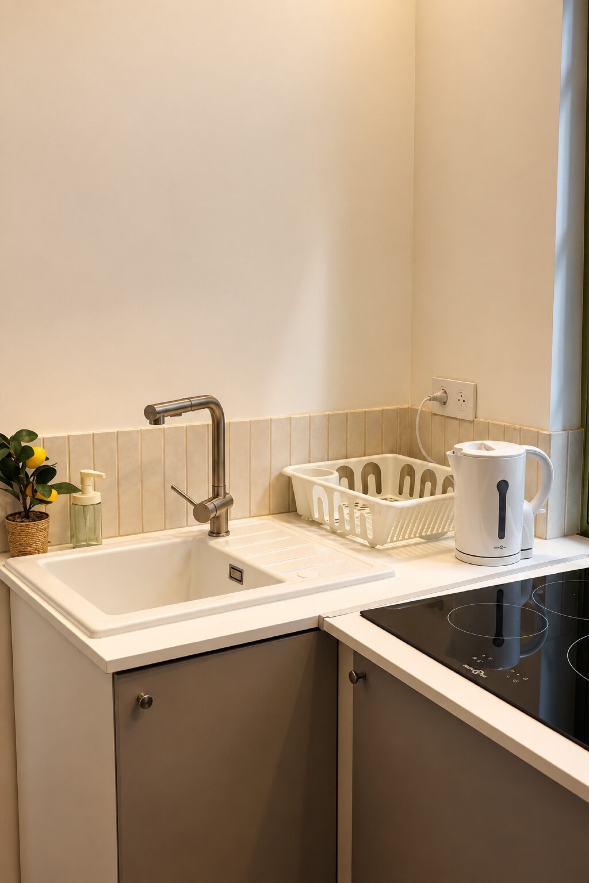 A modern kitchen with a sink, a kettle, and a coffee maker on the countertop.